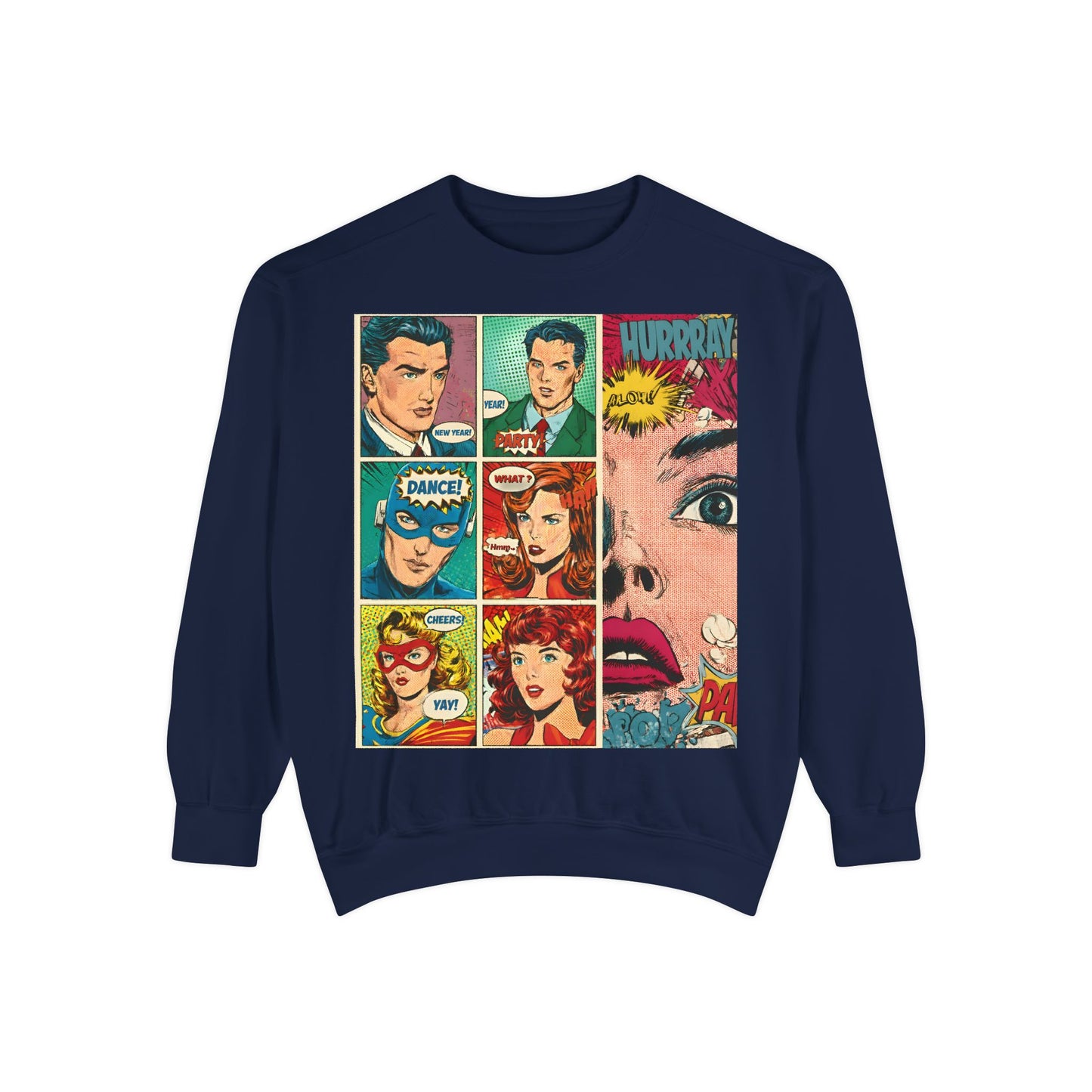 Comic Pop Art Sweatshirt — Retro Romance and Party Panels Graphic Pullover