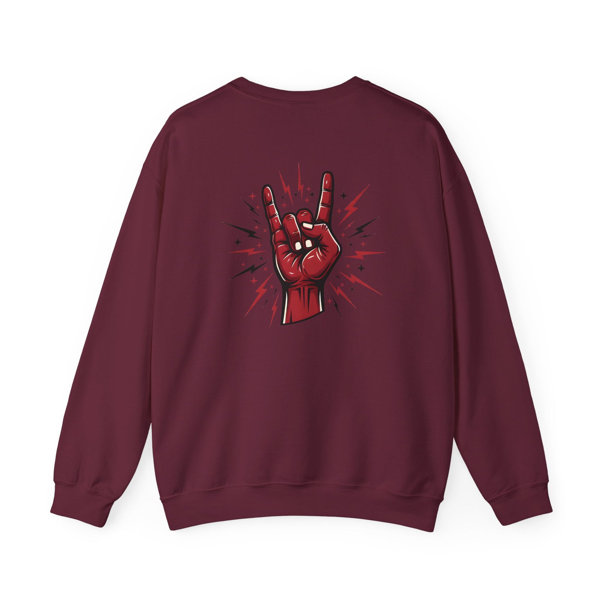 Rock hand sign on maroon sweatshirt back