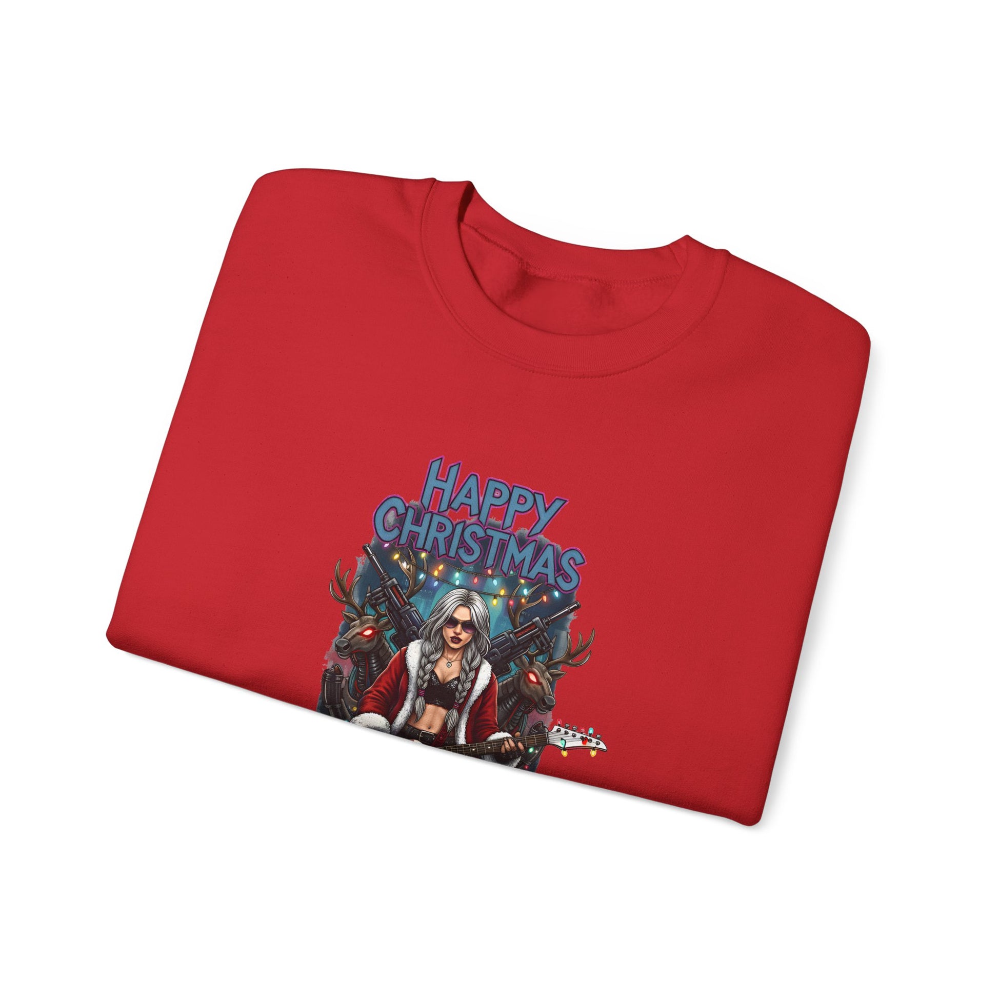 Folded red shirt with Christmas design  rock and roll Santa Claus girl .