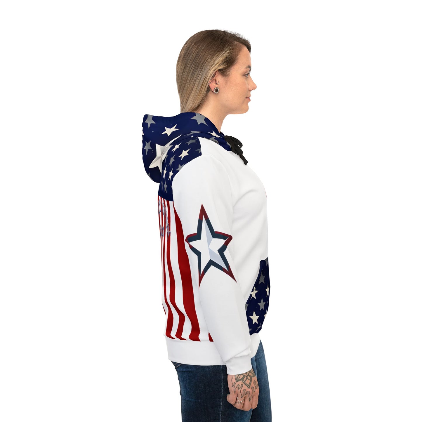 Patriotic Hoodie – USA Proud Nation Design, American Flag & Star Sleeves.