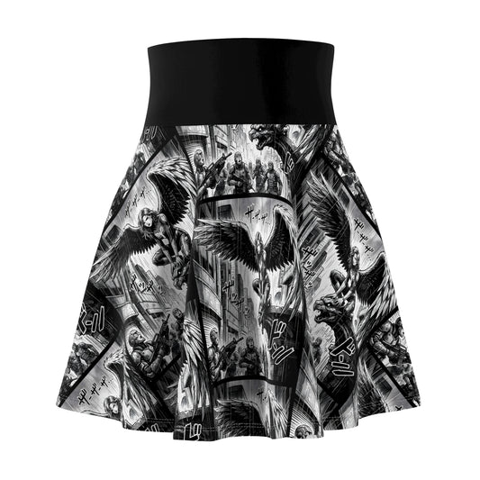 Manga comic panels skater skirt with black and white graphics - front view