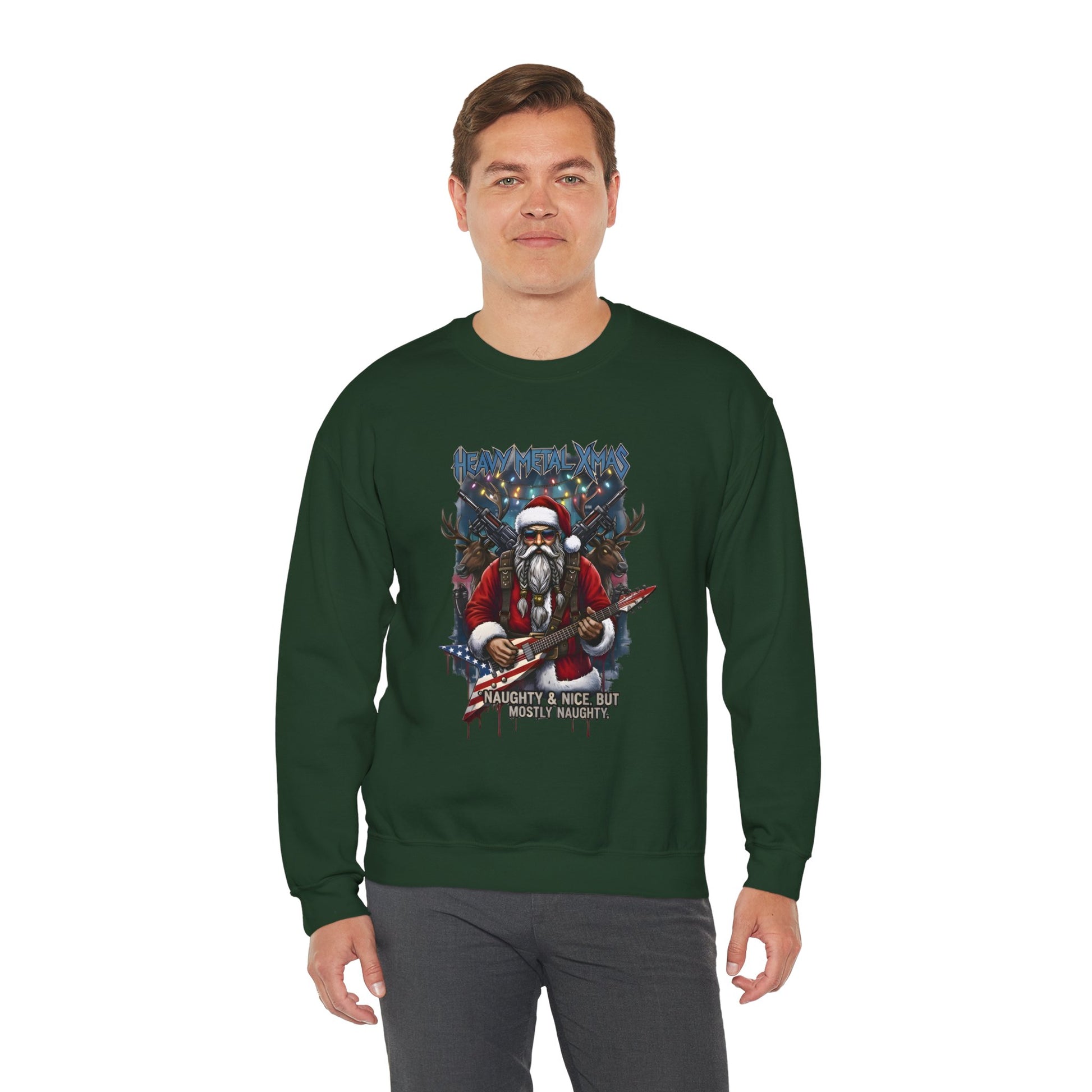 Man wearing green Heavy Metal Christmas Santa crewneck