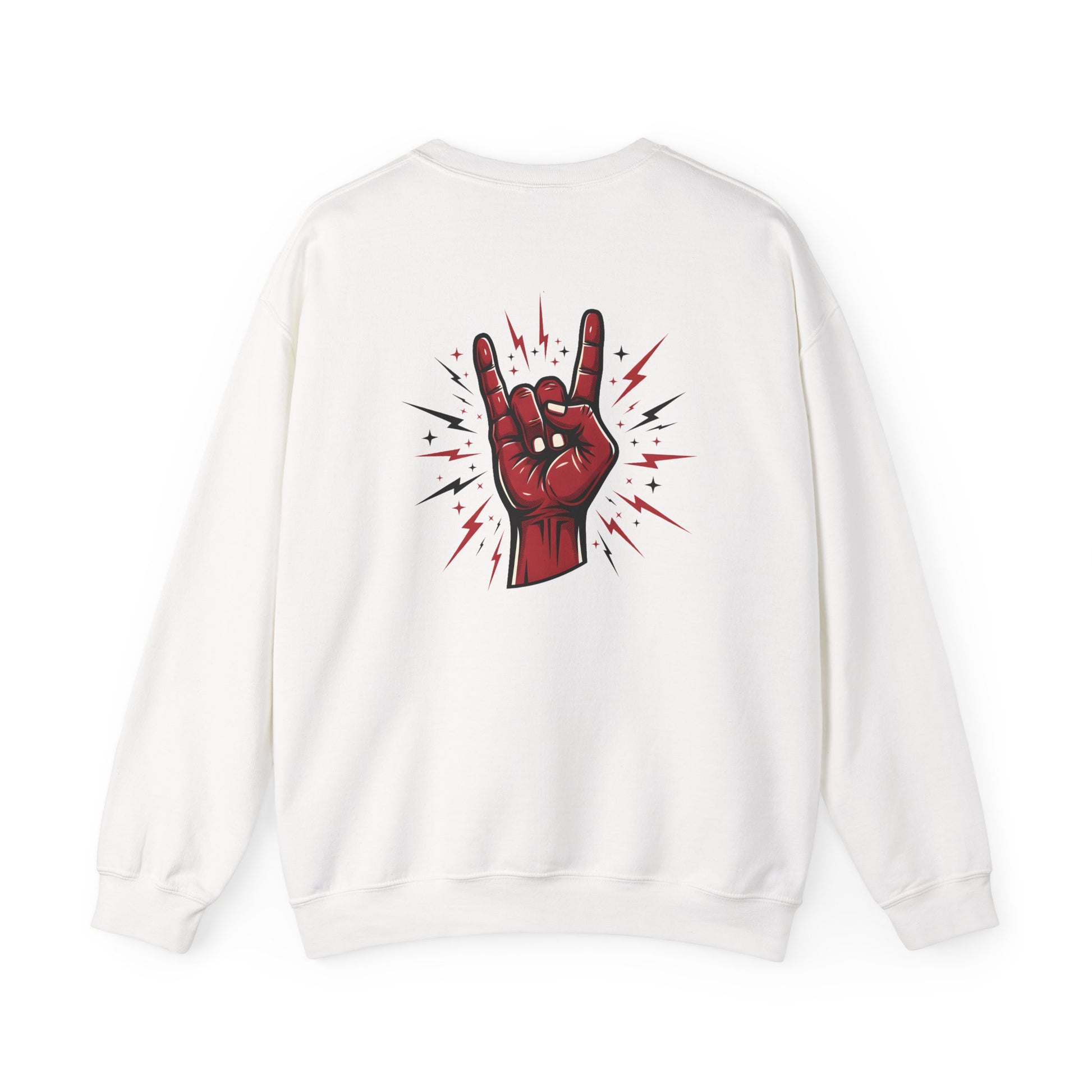 Rock hand sign on white sweatshirt back