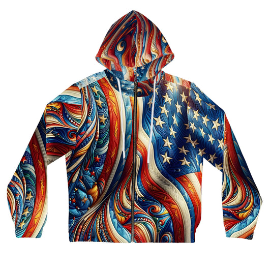 Women’s Patriotic and Surreal USA Flag Full-Zip Hoodie.