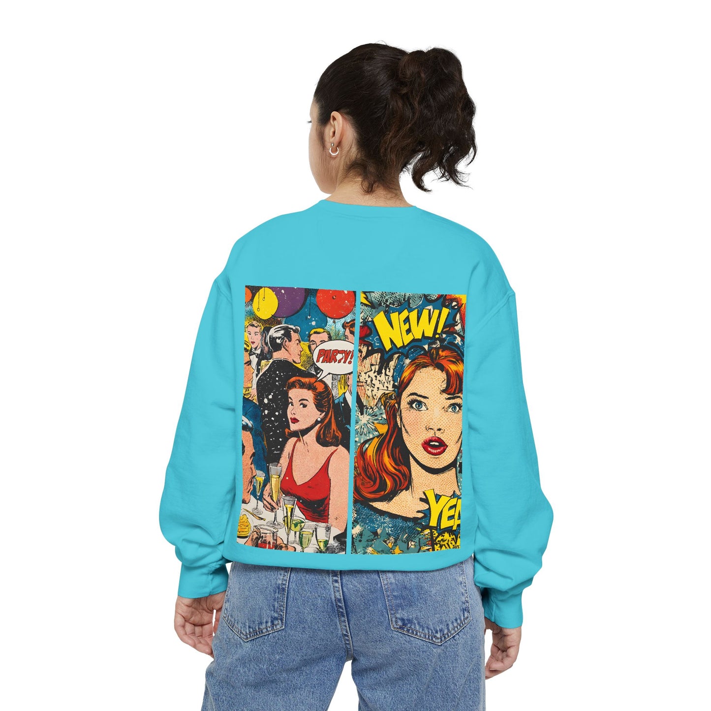 Comic Pop Art Sweatshirt — Retro Romance and Party Panels Graphic Pullover