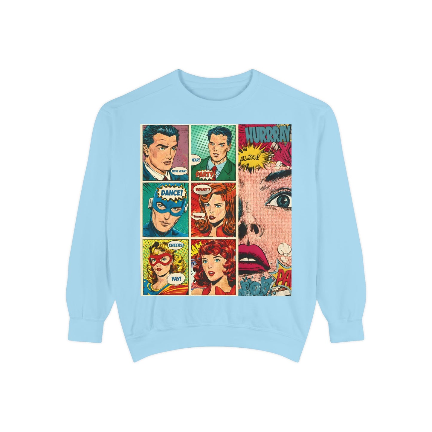 Comic Pop Art Sweatshirt — Retro Romance and Party Panels Graphic Pullover