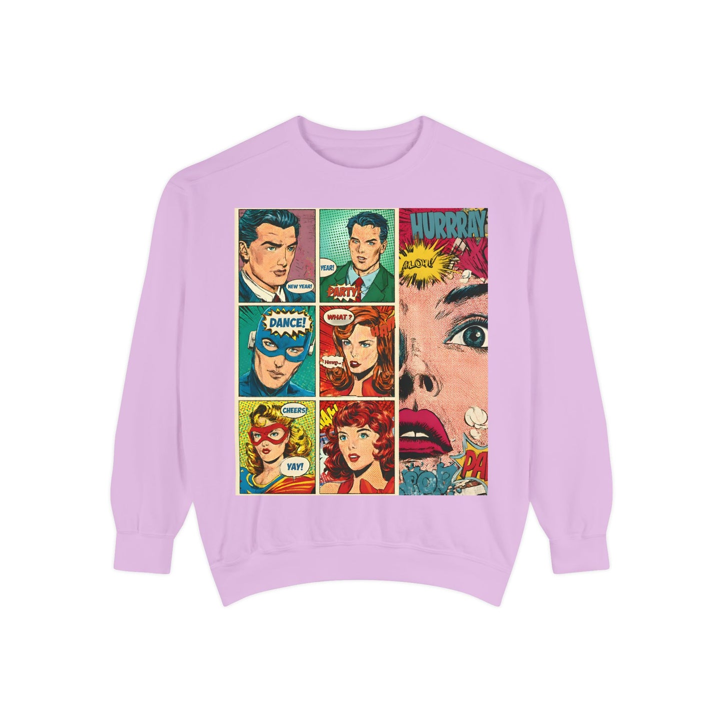 Comic Pop Art Sweatshirt — Retro Romance and Party Panels Graphic Pullover