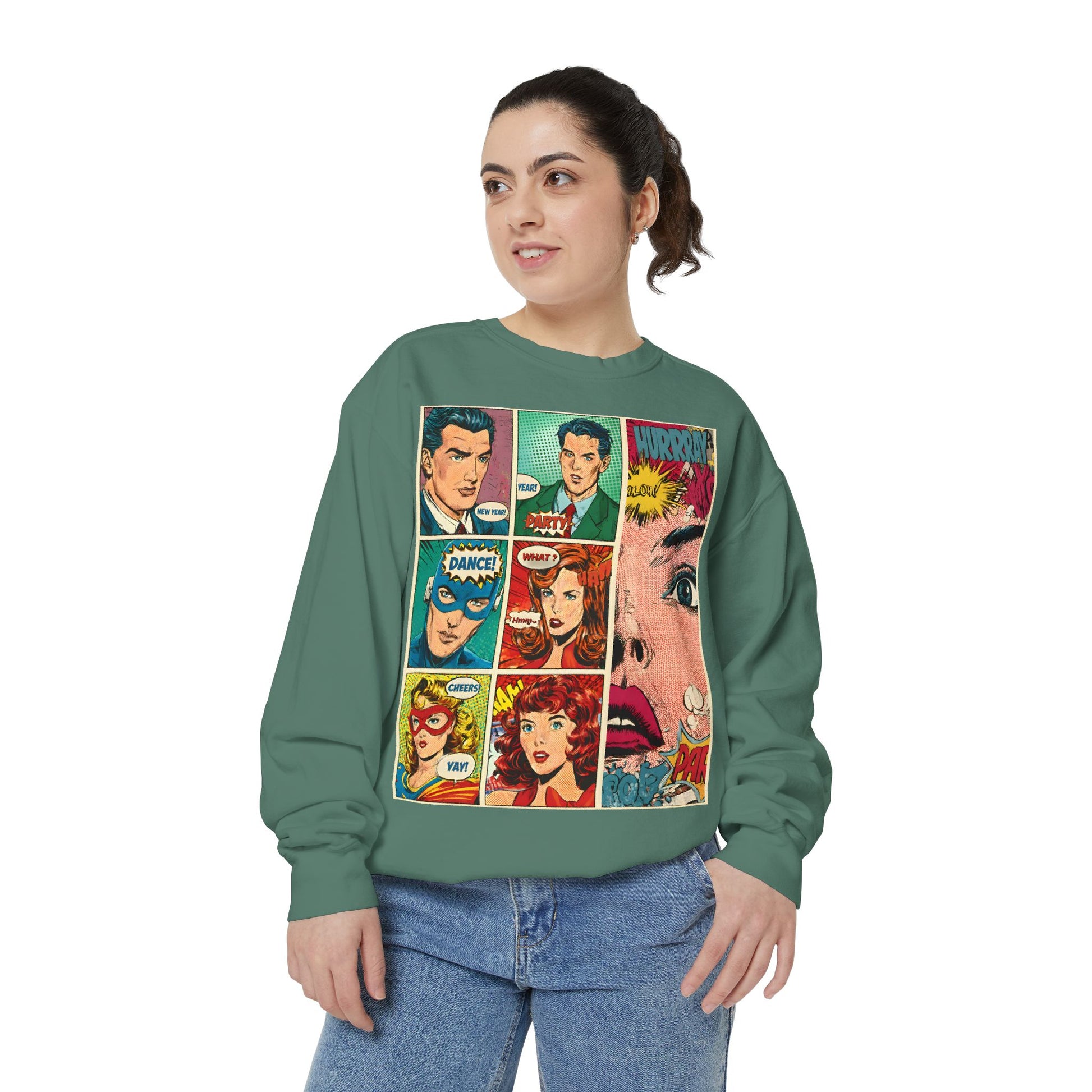 Person wearing a green sweatshirt with comic book character design on a white background