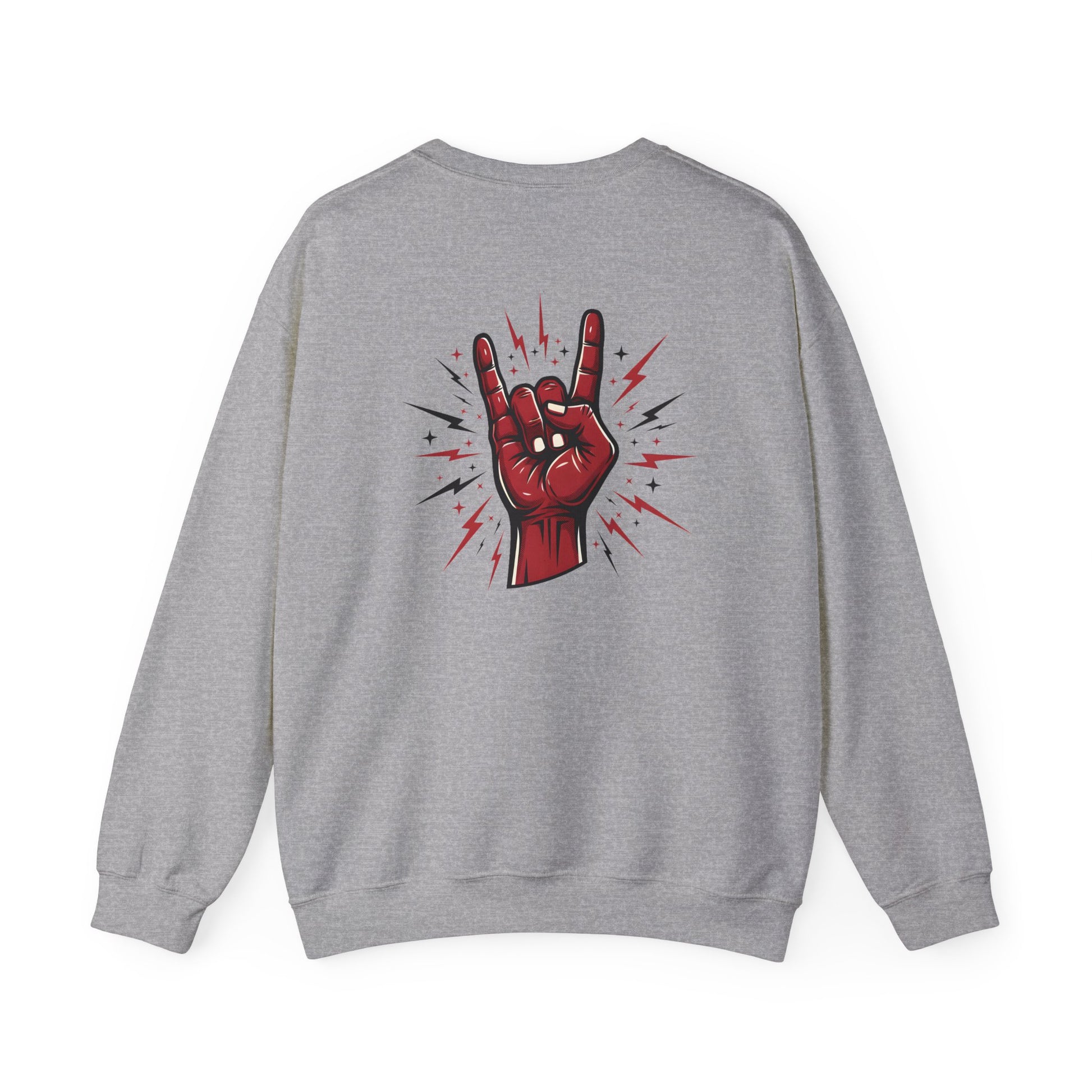 Rock hand sign on grey sweatshirt back