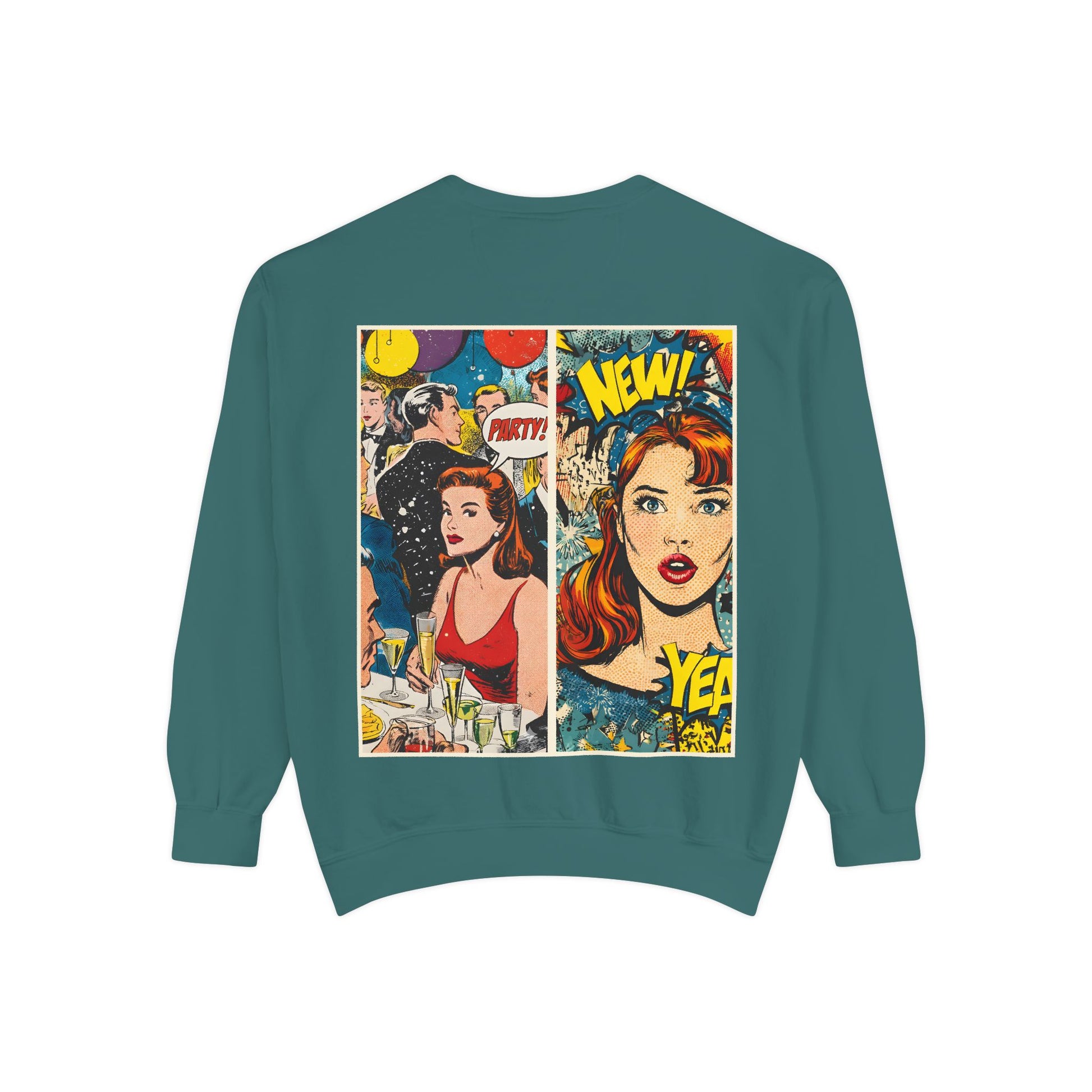 Teal sweatshirt with a comic book-style graphic on the back