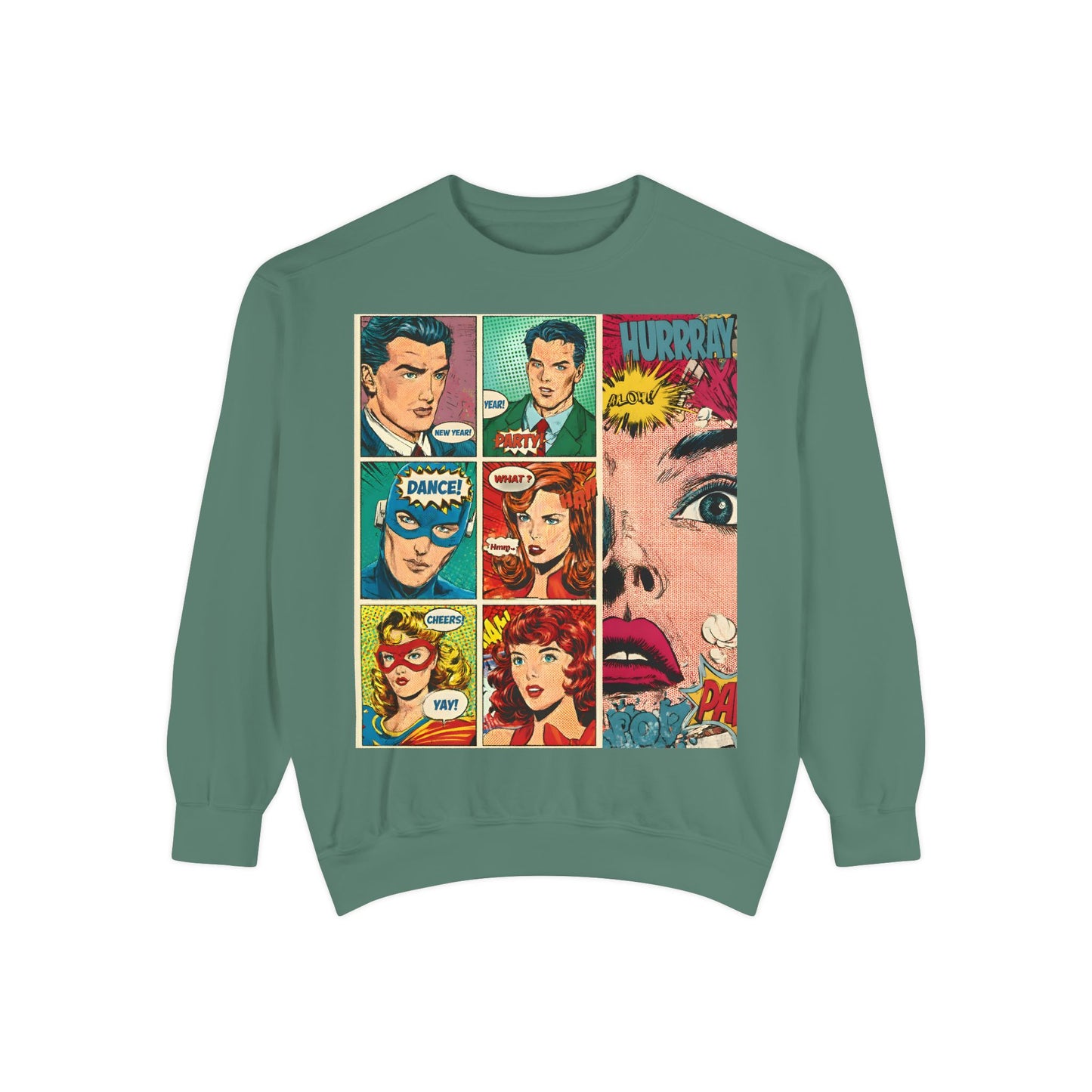 Comic Pop Art Sweatshirt — Retro Romance and Party Panels Graphic Pullover