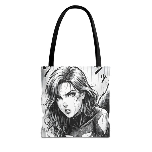 Tote bag with black and white illustration of a character on a white background