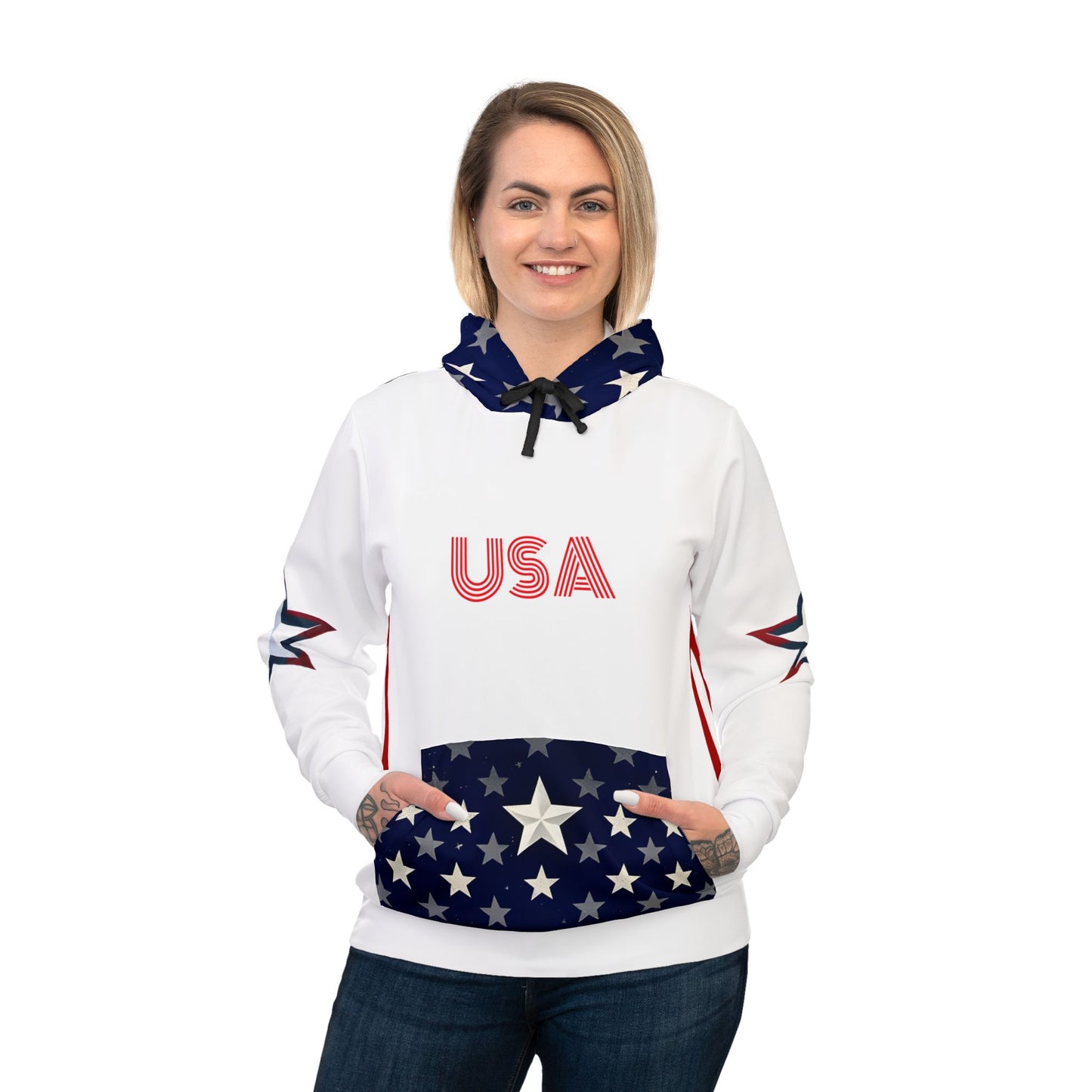 Patriotic Hoodie – USA Proud Nation Design, American Flag & Star Sleeves.