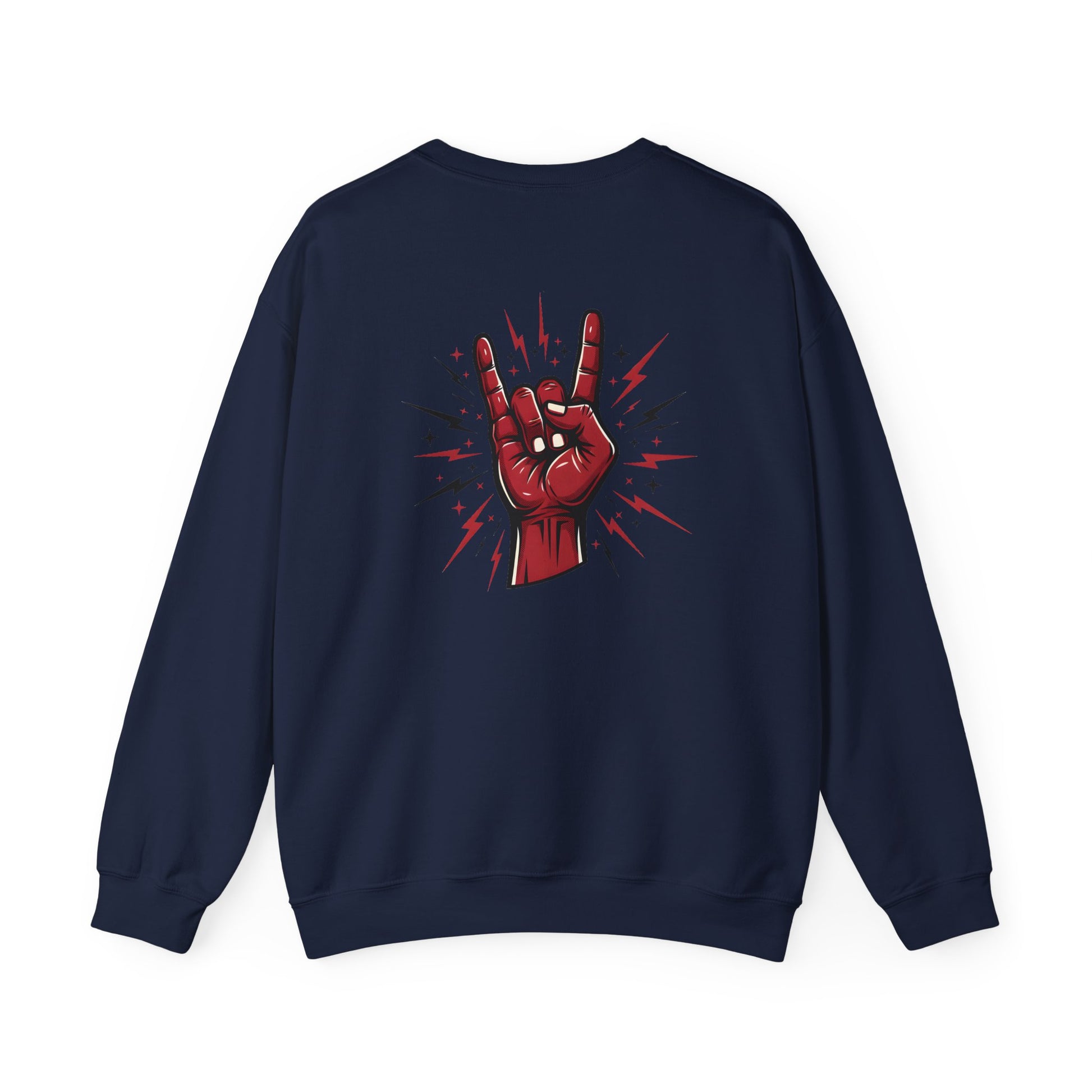 Rock hand sign on navy sweatshirt back