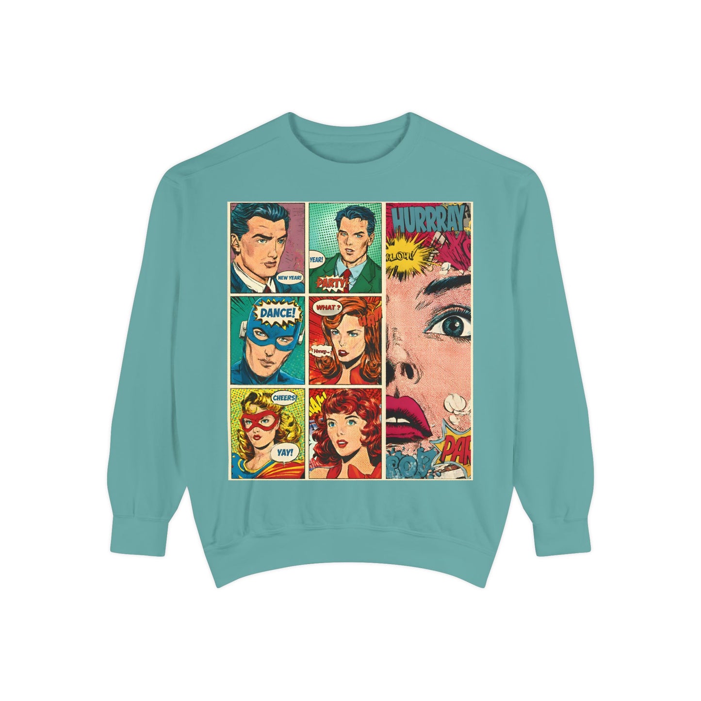 Teal sweatshirt with comic book character design on a white background