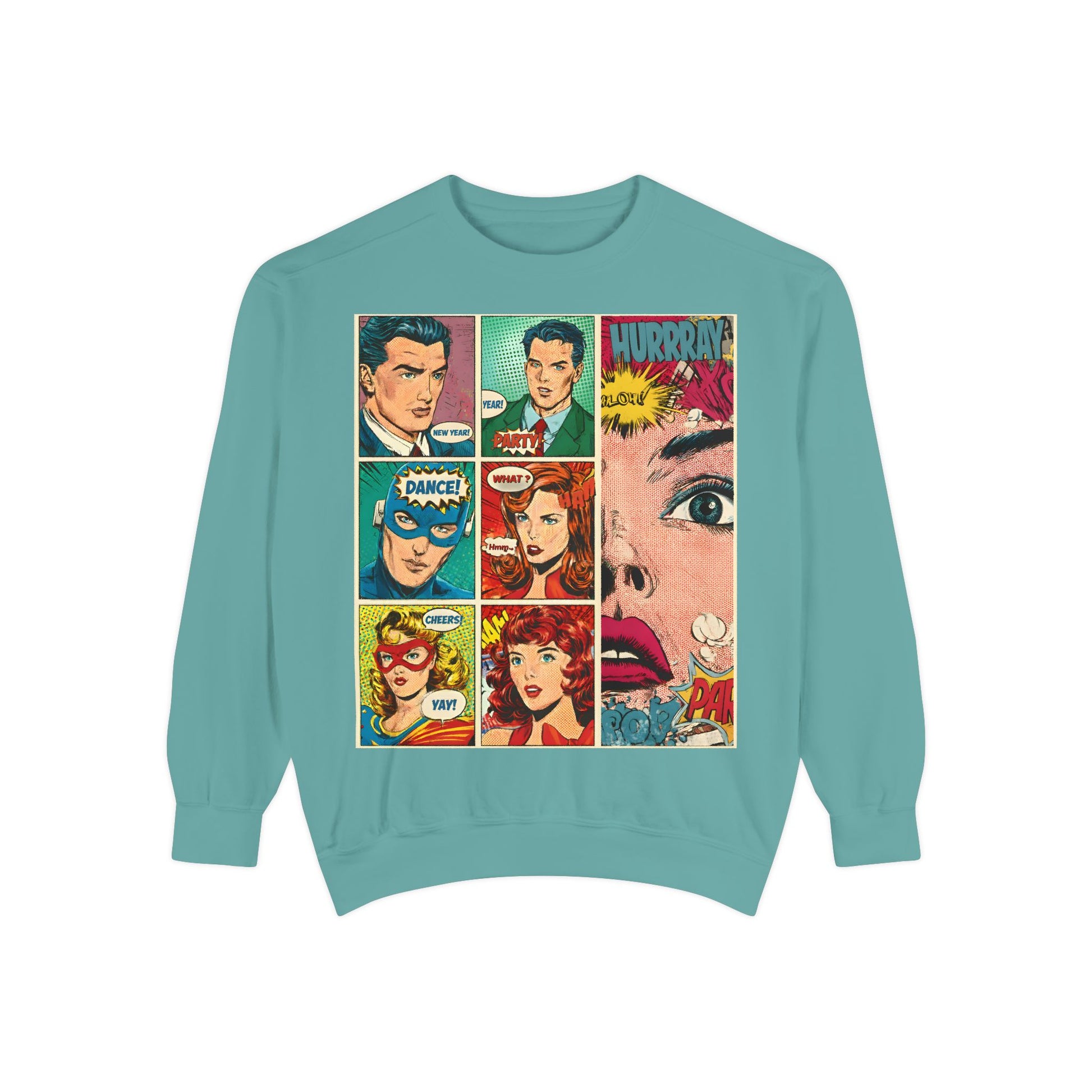 Teal sweatshirt with comic book character design on a white background