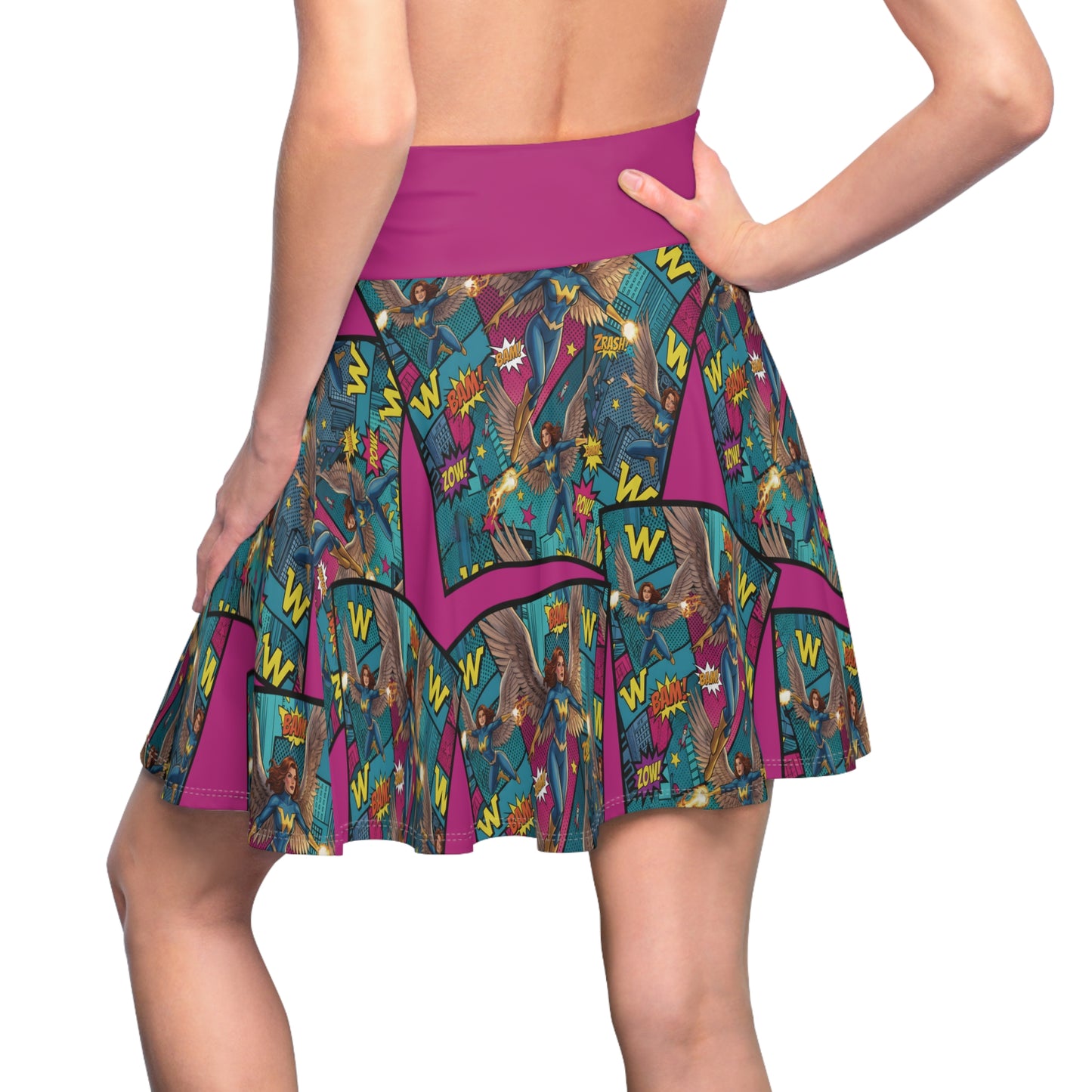 Colorful patterned comic book design skirt worn by a person on a white background.Side view 