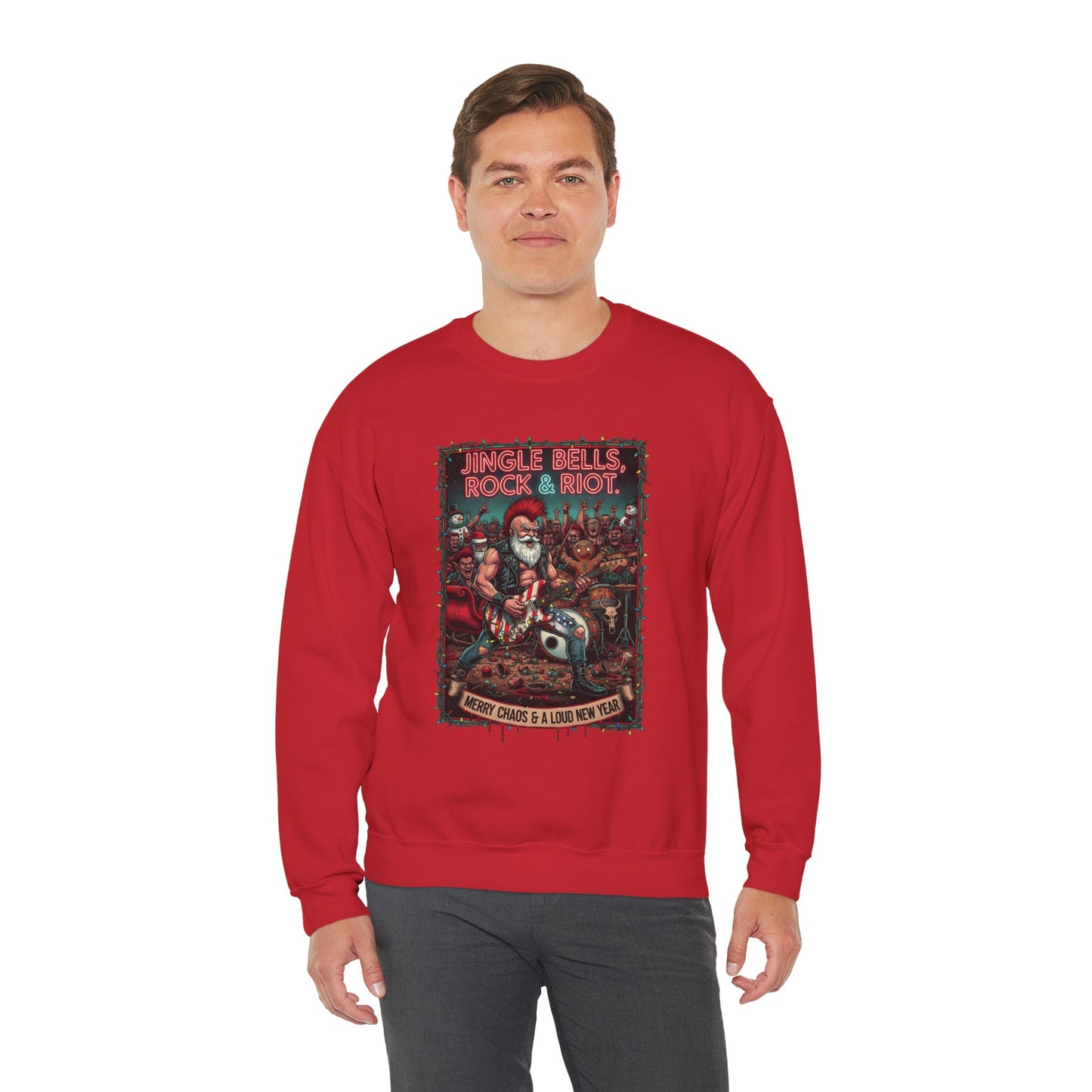 Man wearing red Rock & Riot Merry Chaos sweatshirt