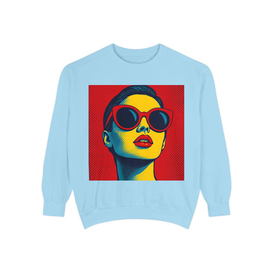 Light blue sweatshirt with a colorful pop art graphic of a woman's face wearing sunglasses 