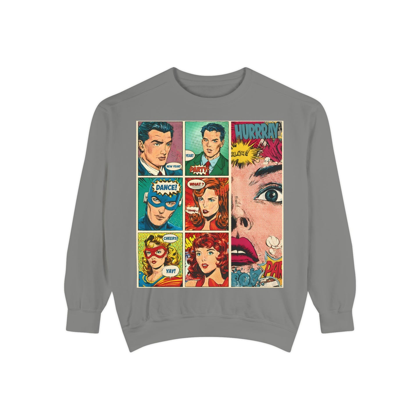 Gray sweatshirt with comic book-style graphic on a white background