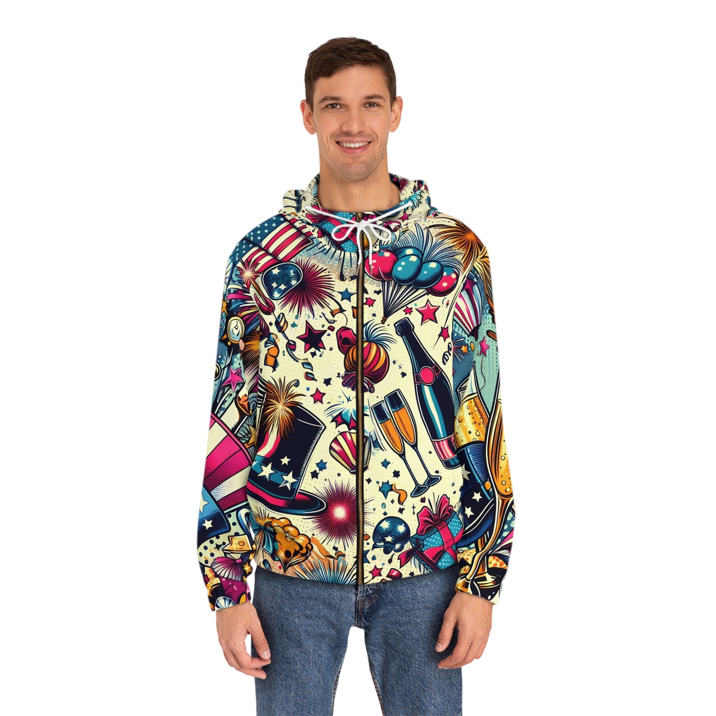 Retro Celebration  Hoodie — Americana Fireworks & Champagne  New Year All-Over Zip-Up