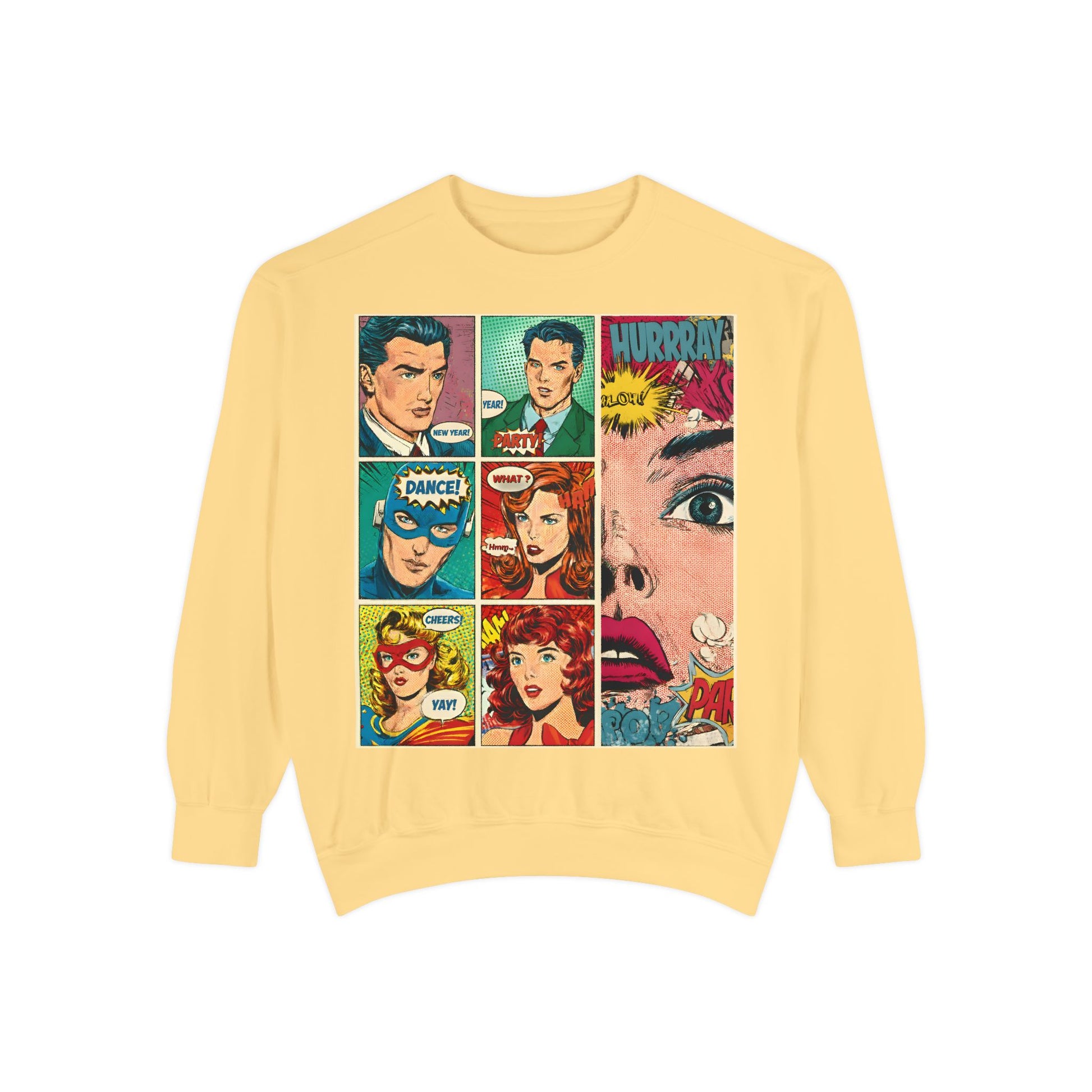 Yellow sweatshirt with comic book character design on a white background