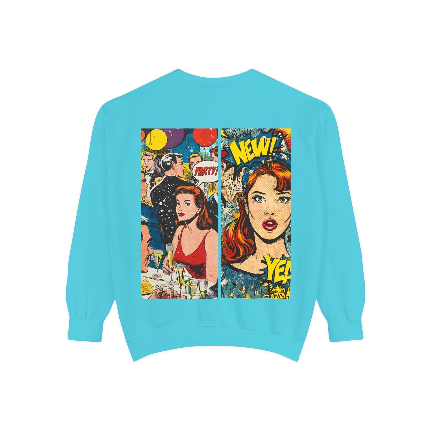 Comic Pop Art Sweatshirt — Retro Romance and Party Panels Graphic Pullover