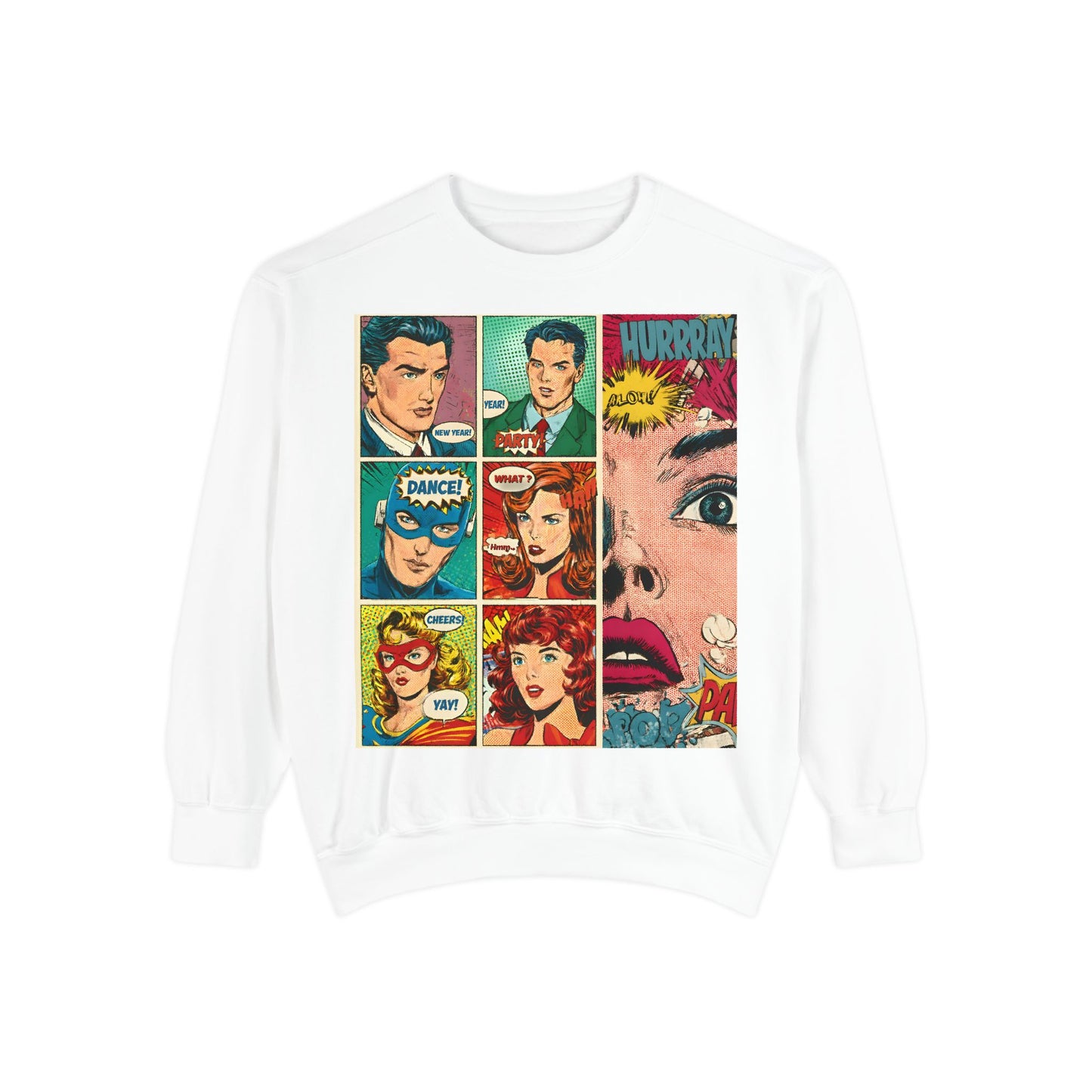 Comic Pop Art Sweatshirt — Retro Romance and Party Panels Graphic Pullover