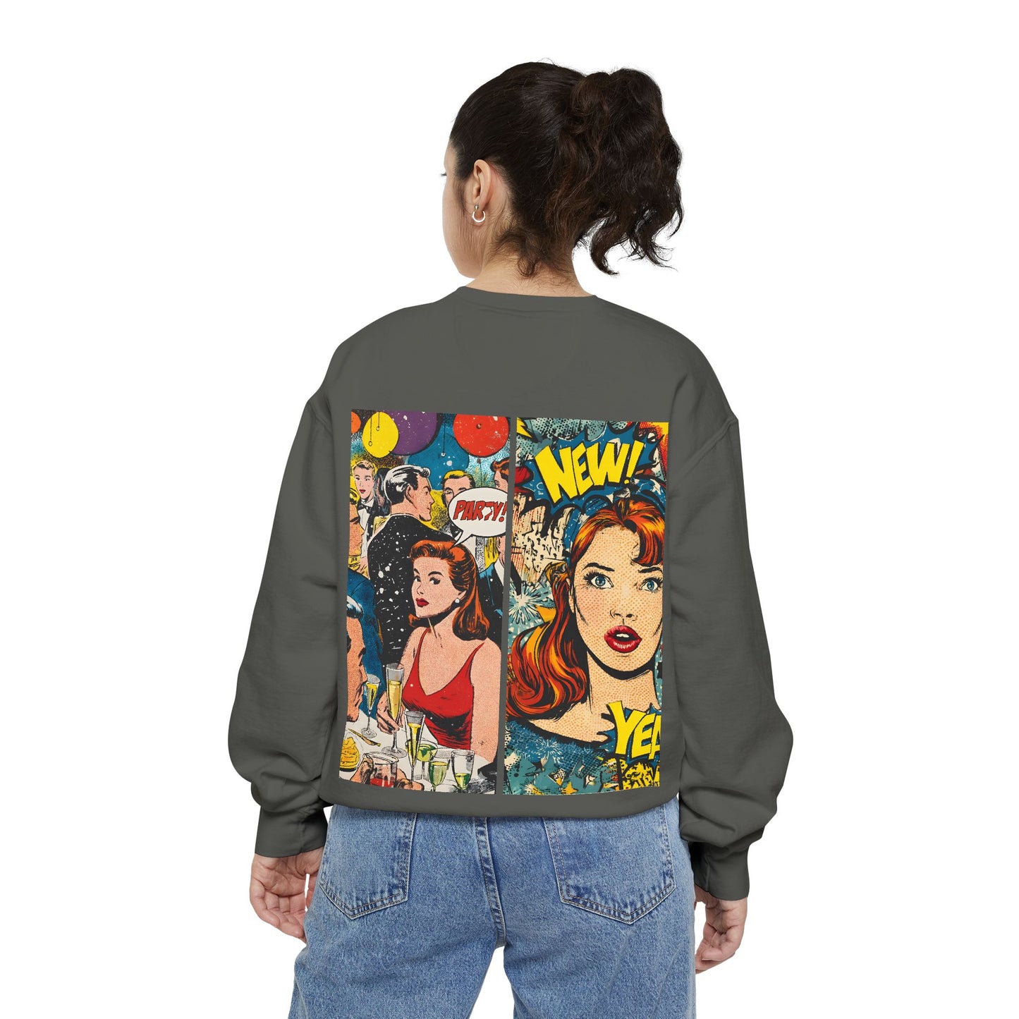 Comic Pop Art Sweatshirt — Retro Romance and Party Panels Graphic Pullover