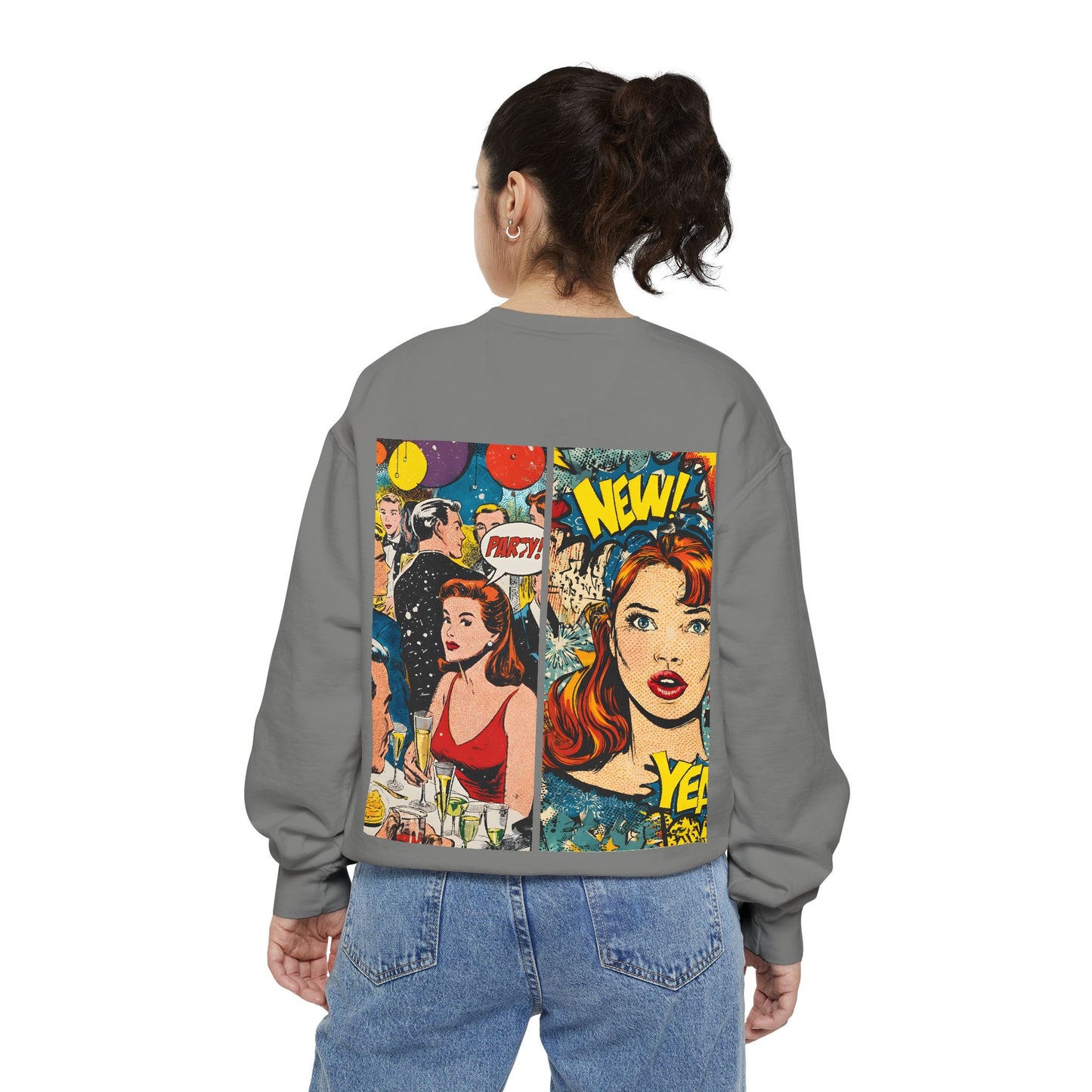 Comic Pop Art Sweatshirt — Retro Romance and Party Panels Graphic Pullover