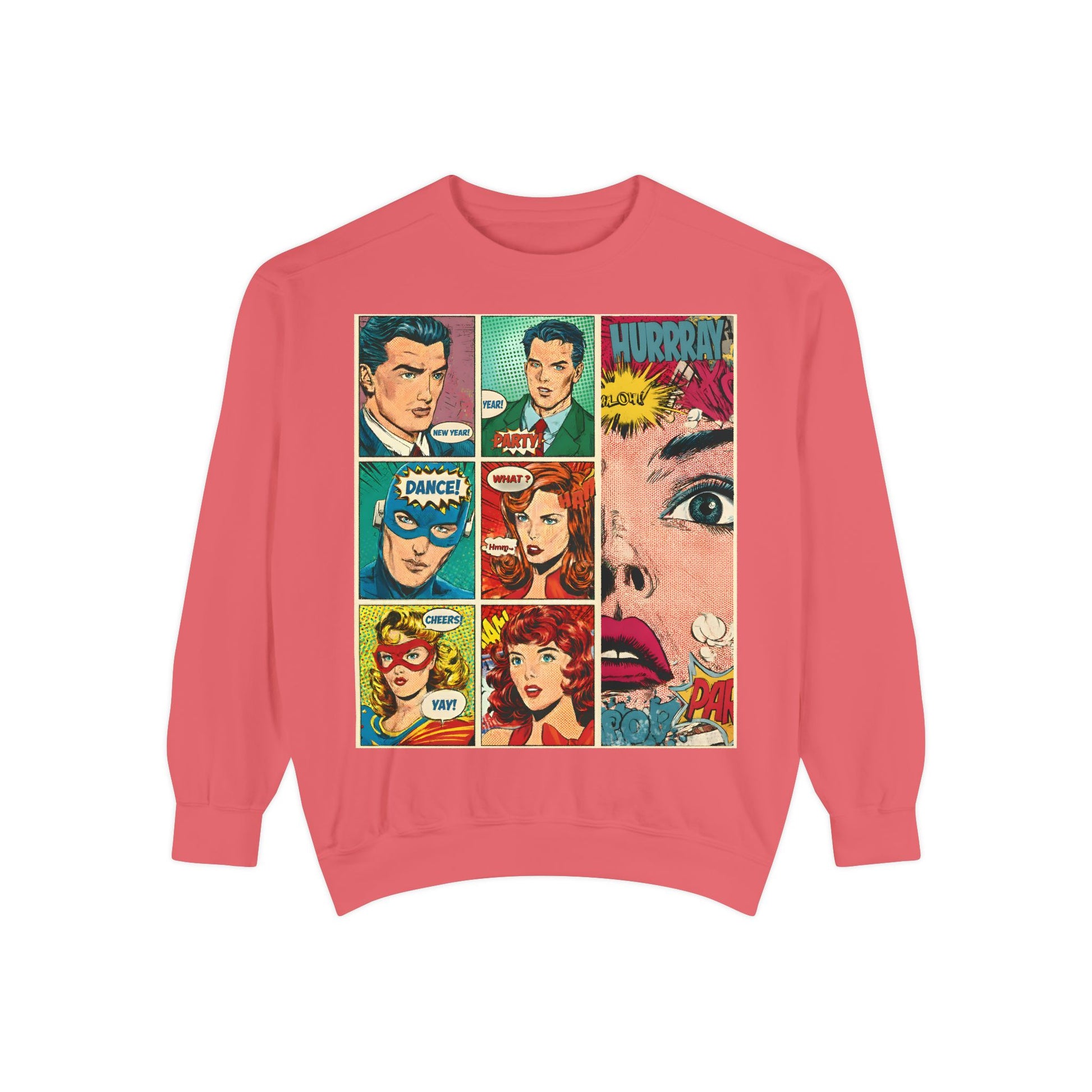 Terracotta sweatshirt with comic book-style character illustrations on a white background