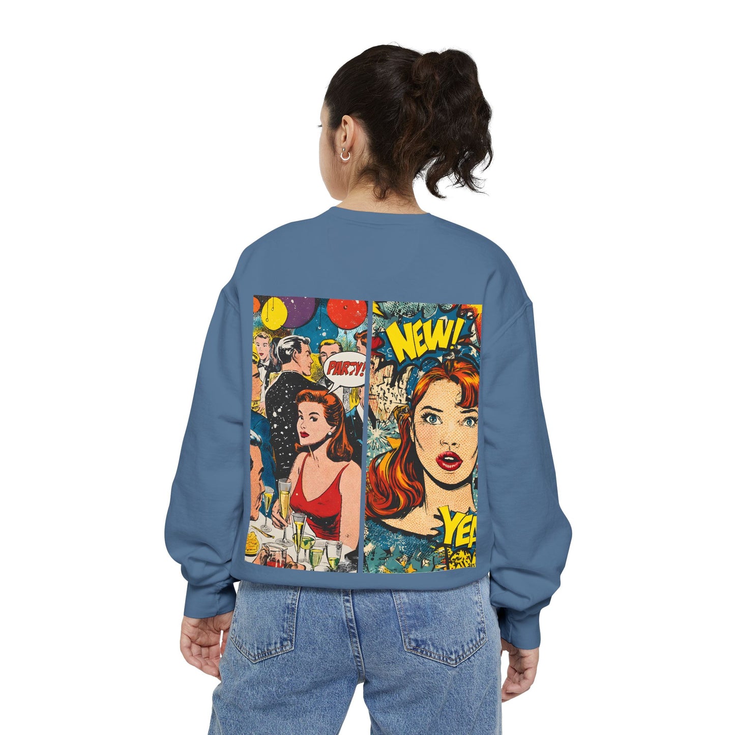 Comic Pop Art Sweatshirt — Retro Romance and Party Panels Graphic Pullover