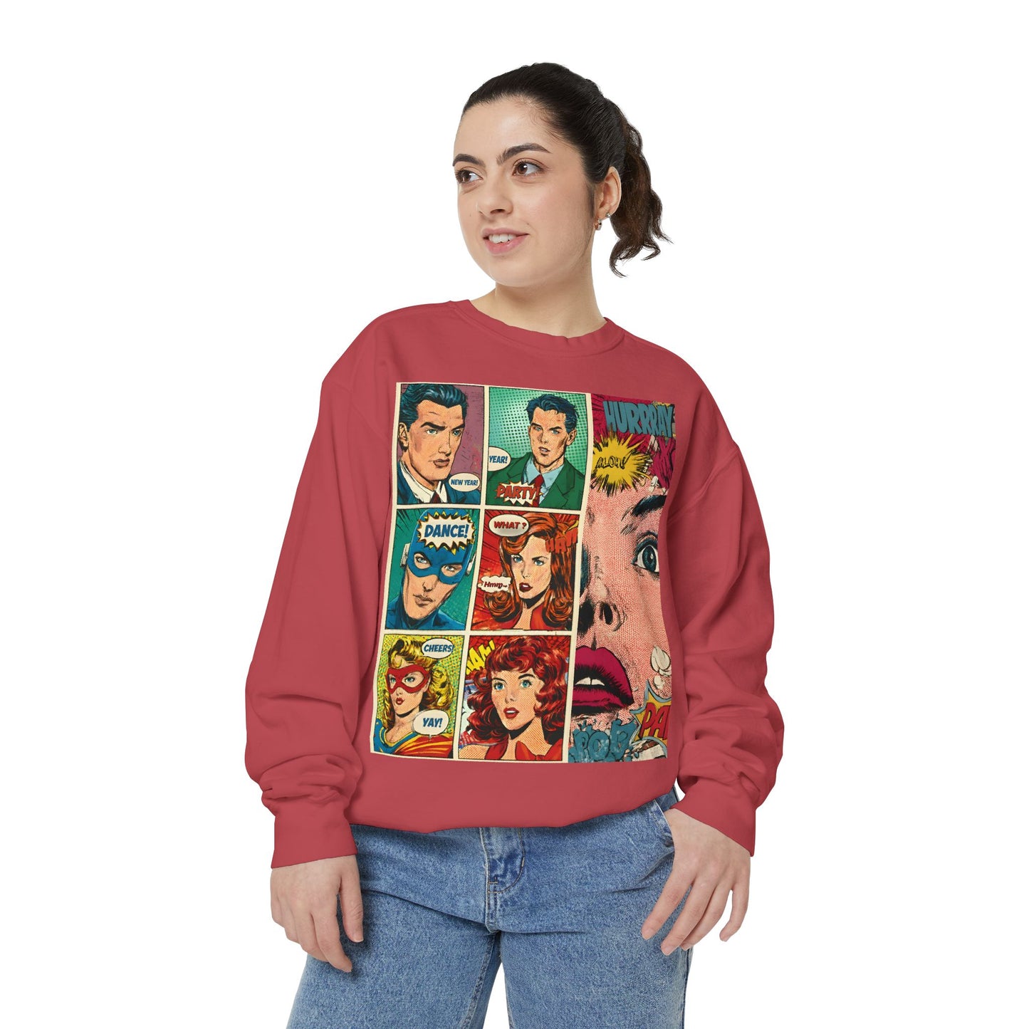 Comic Pop Art Sweatshirt — Retro Romance and Party Panels Graphic Pullover