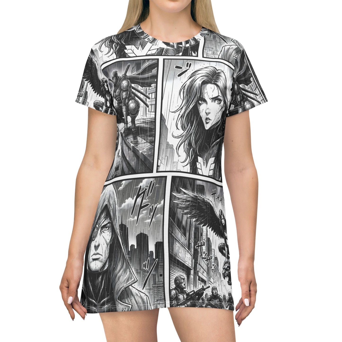 T-shirt dress with manga comic book-style graphics on a white background