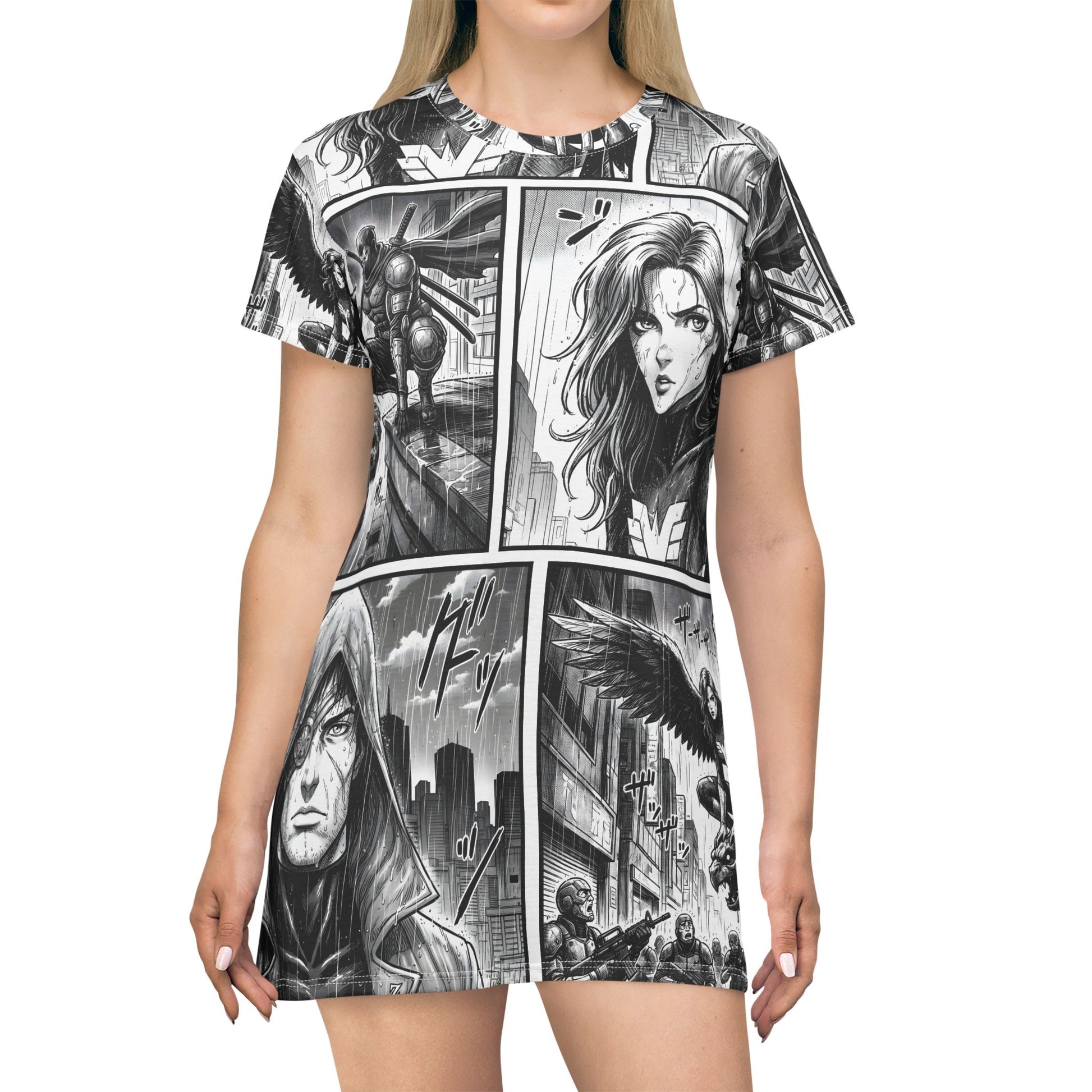 T-shirt dress with manga comic book-style graphics on a white background