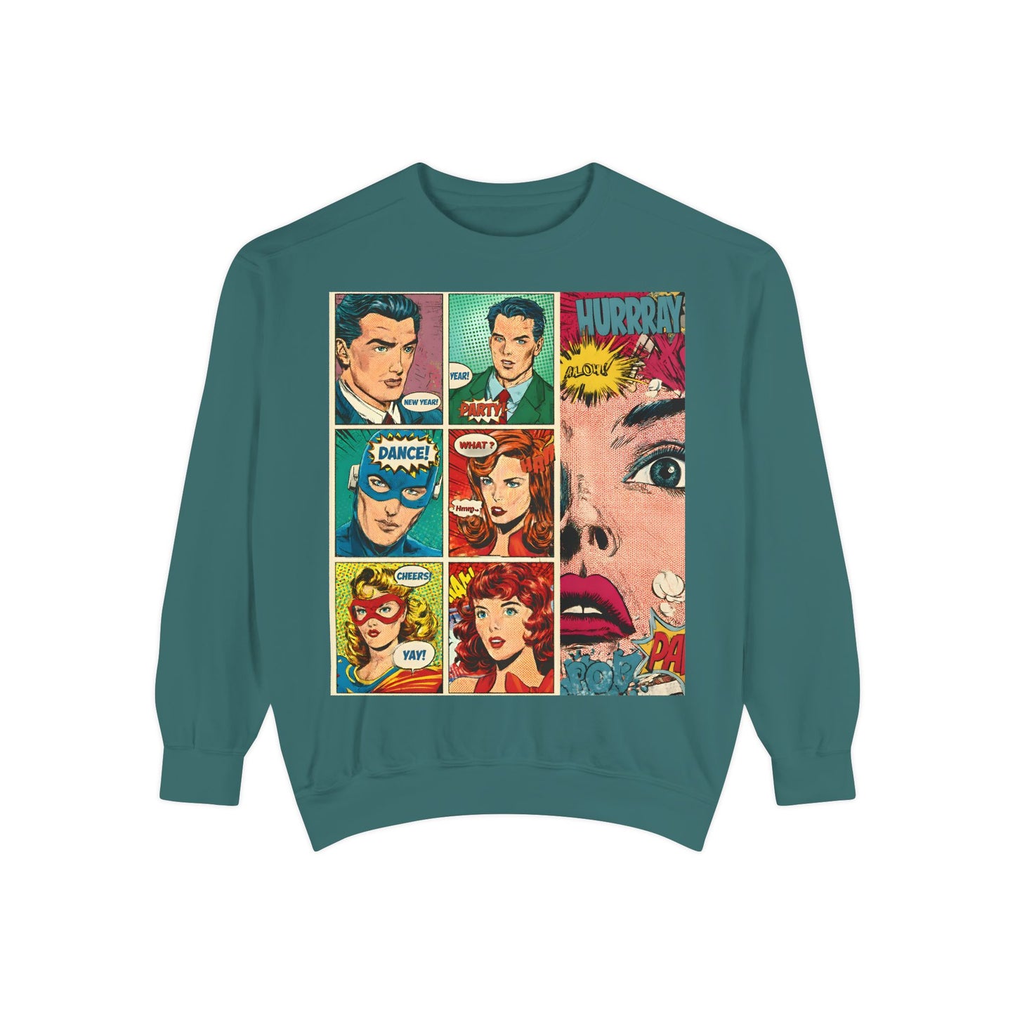 Comic Pop Art Sweatshirt — Retro Romance and Party Panels Graphic Pullover