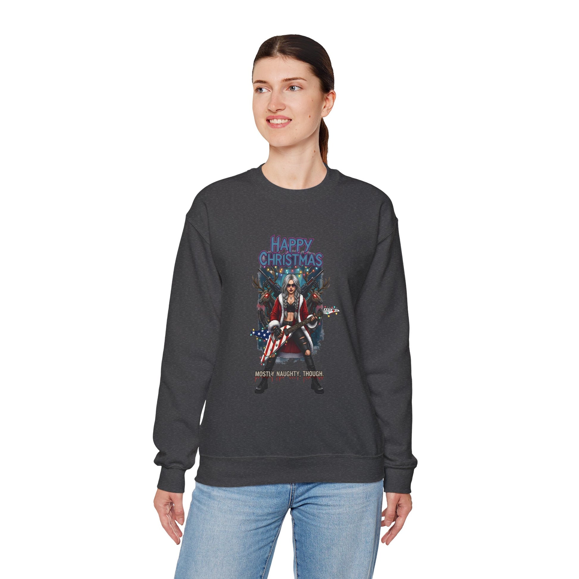 Girl wearing sweatshirt   Santa girl American guitar  reindeer guns and text  Happy Christmas  