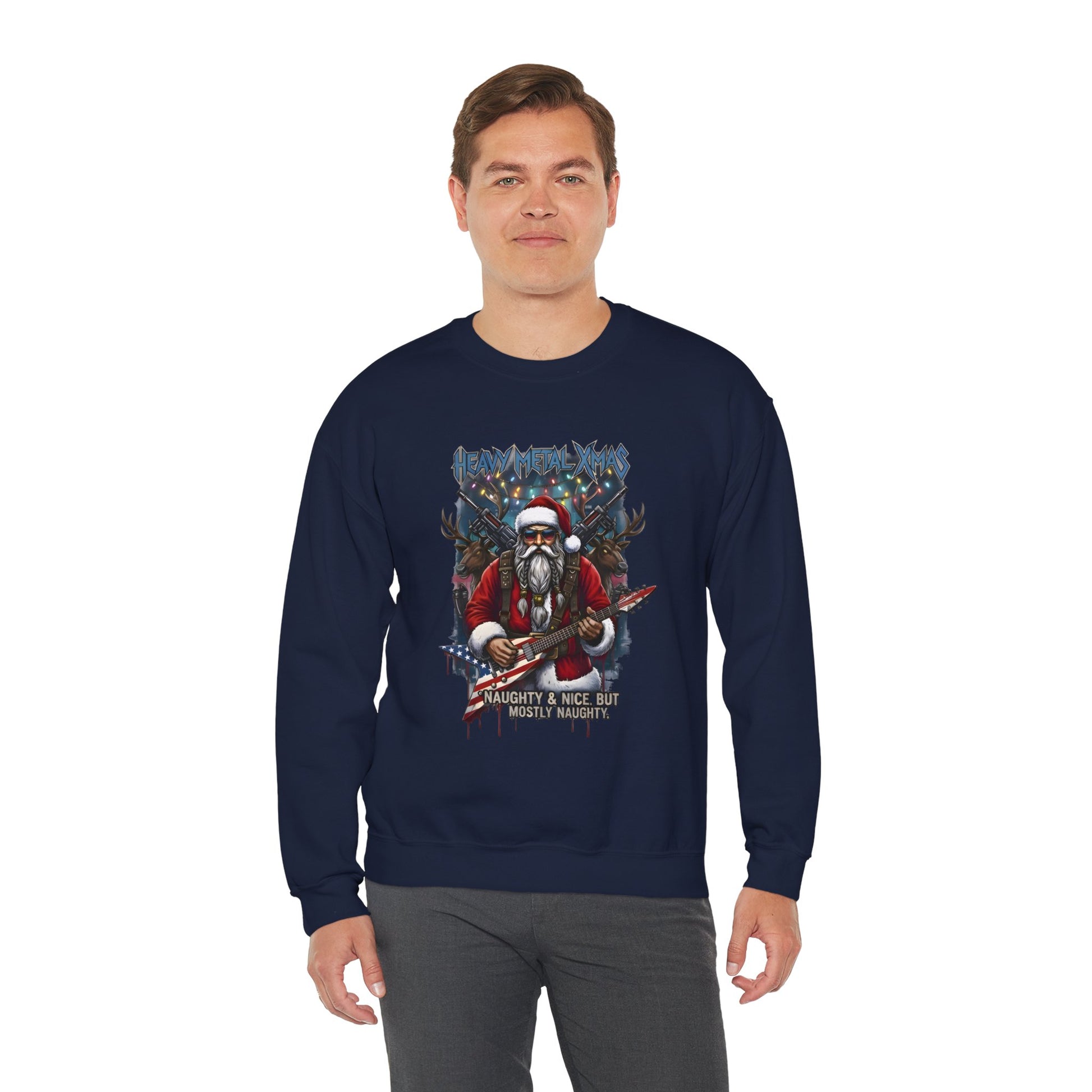 Man wearing a navy sweatshirt  Santa Claus guitar guns