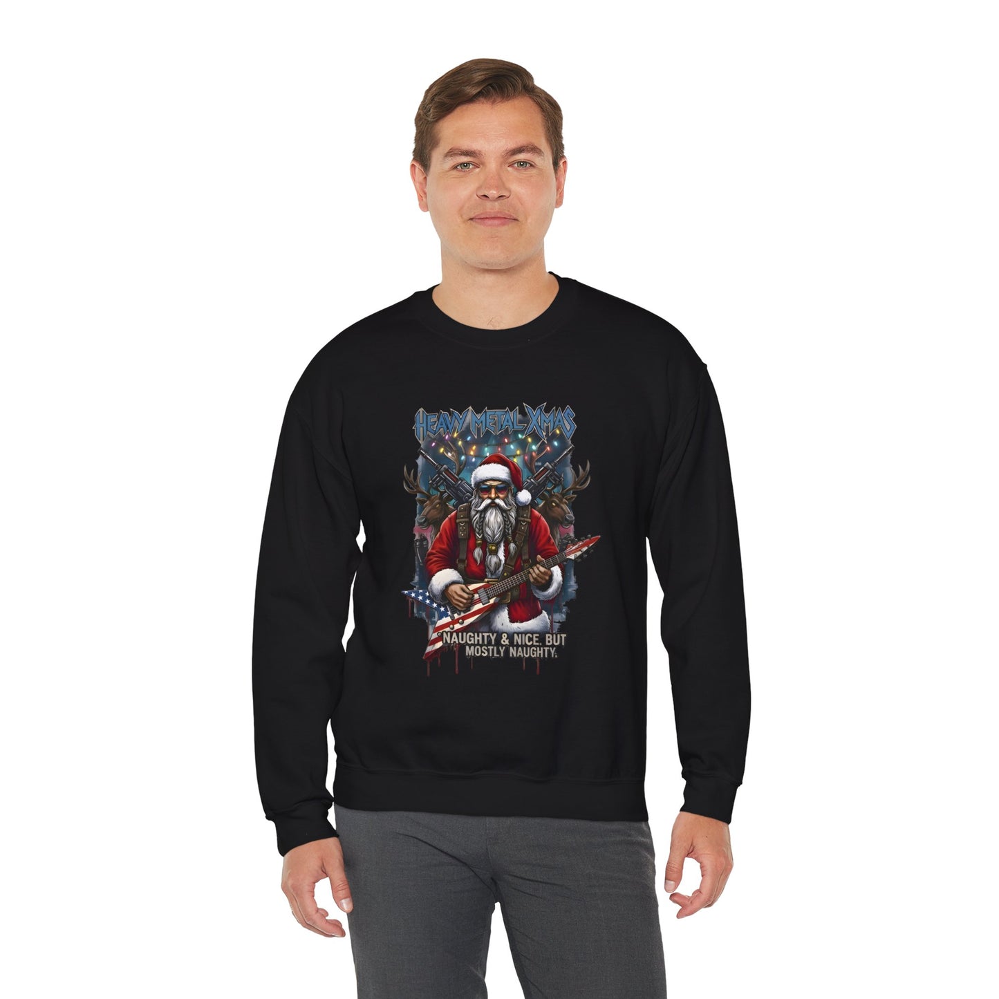 Man wearing black Heavy Metal Christmas Santa crewneck