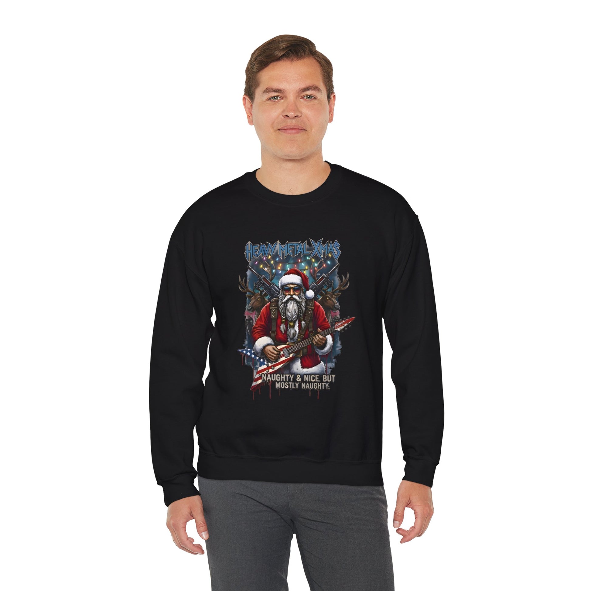 Man wearing black Heavy Metal Christmas Santa crewneck