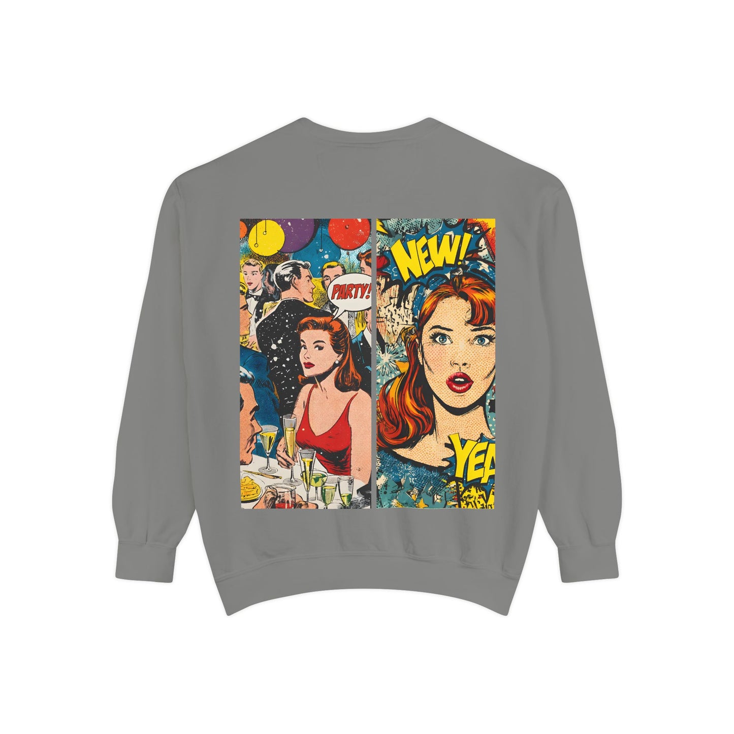 Comic Pop Art Sweatshirt — Retro Romance and Party Panels Graphic Pullover