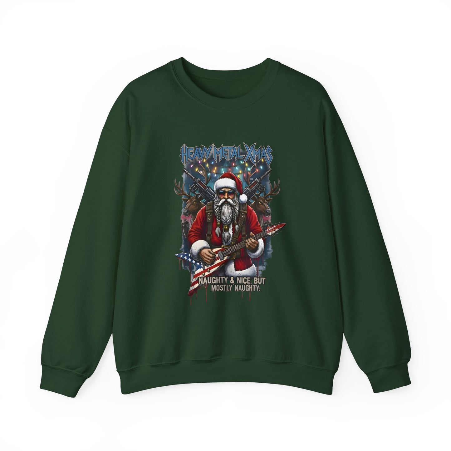 Green Rock n Roll Santa sweatshirt guitar reindeer graphic