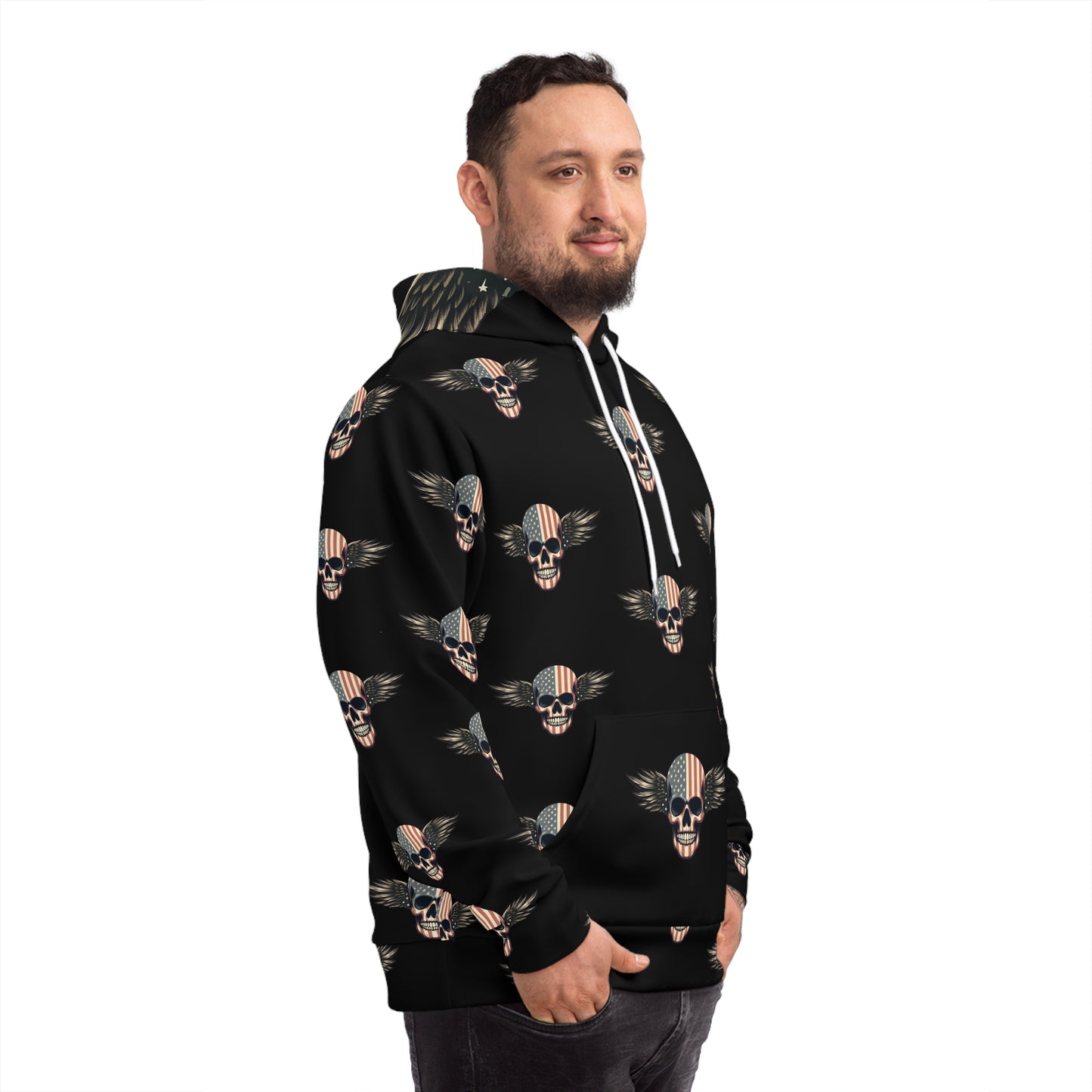 Edgy All-Over Print Hoodie – Skull & Wings Graphic