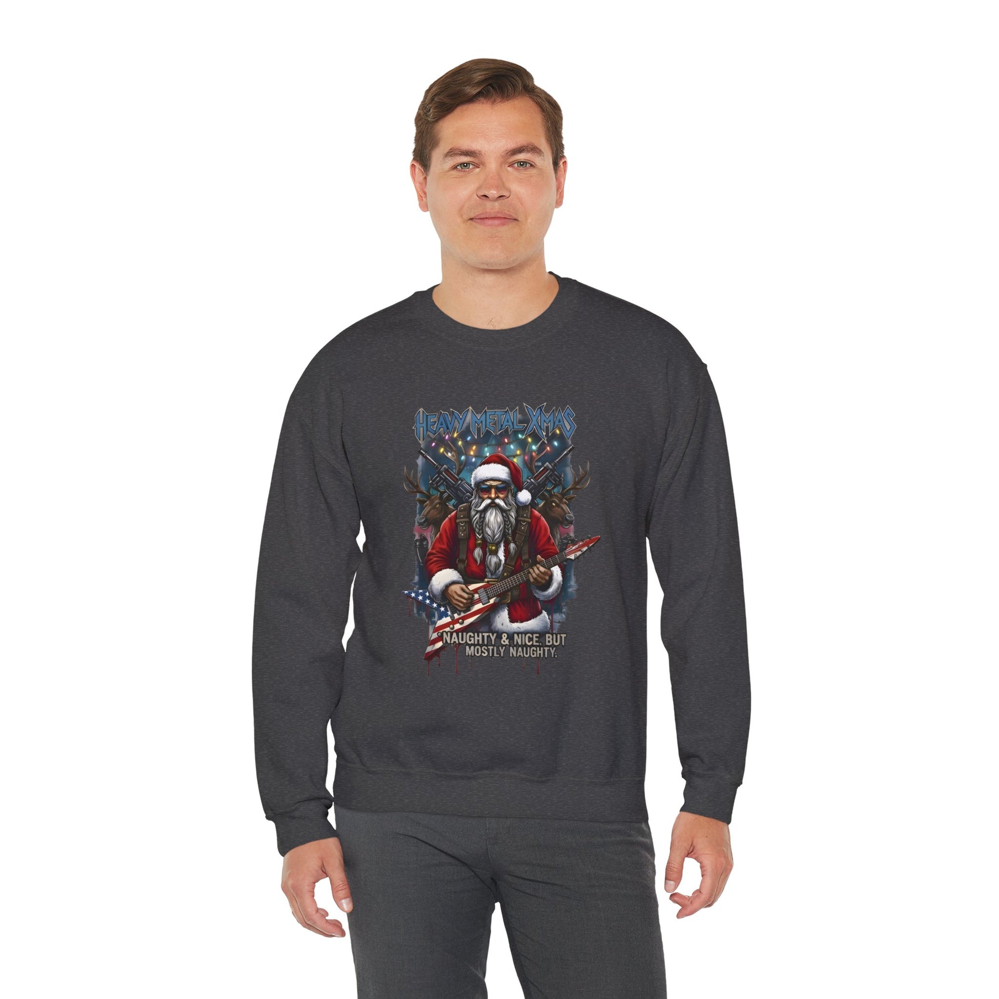 Man wearing charcoal Heavy Metal Christmas Santa crewneck