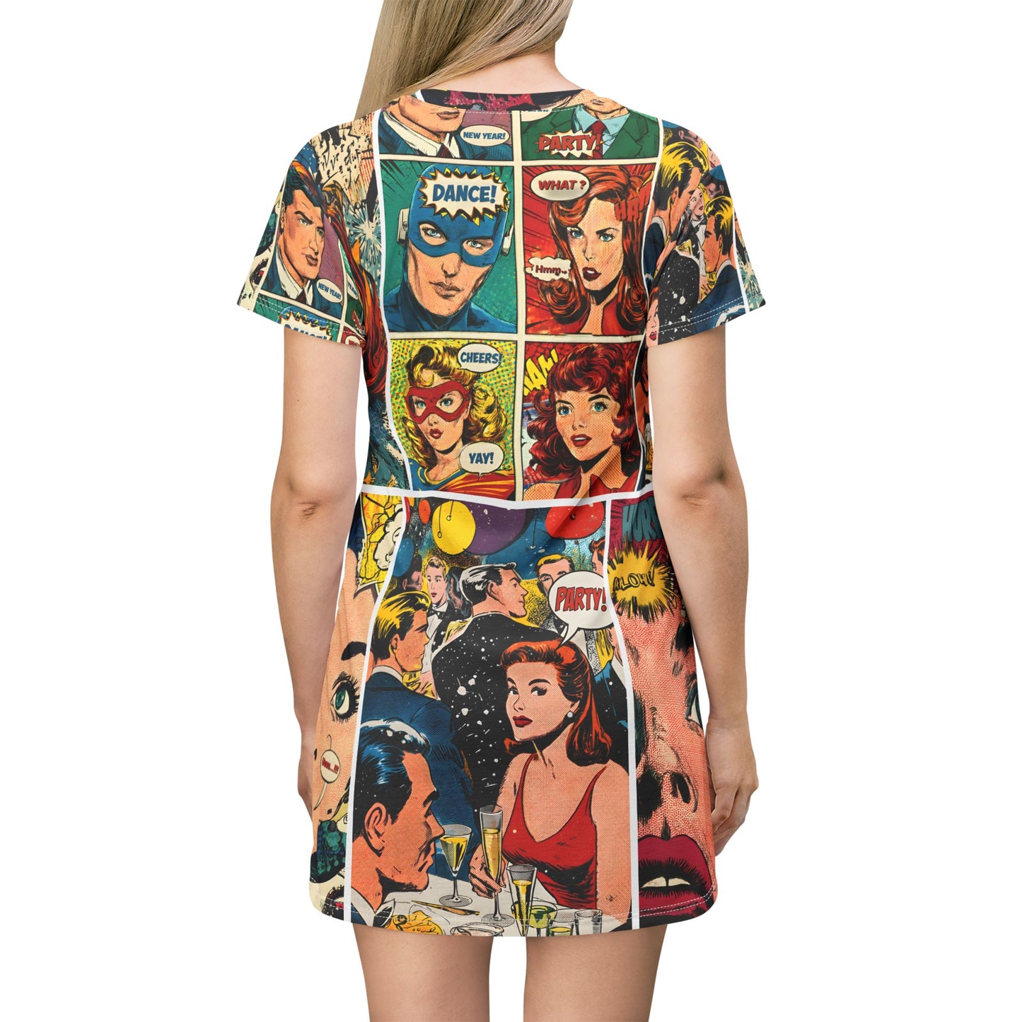 Pop Art Comic Panel T-Shirt Dress — Retro Graphic Novel Print