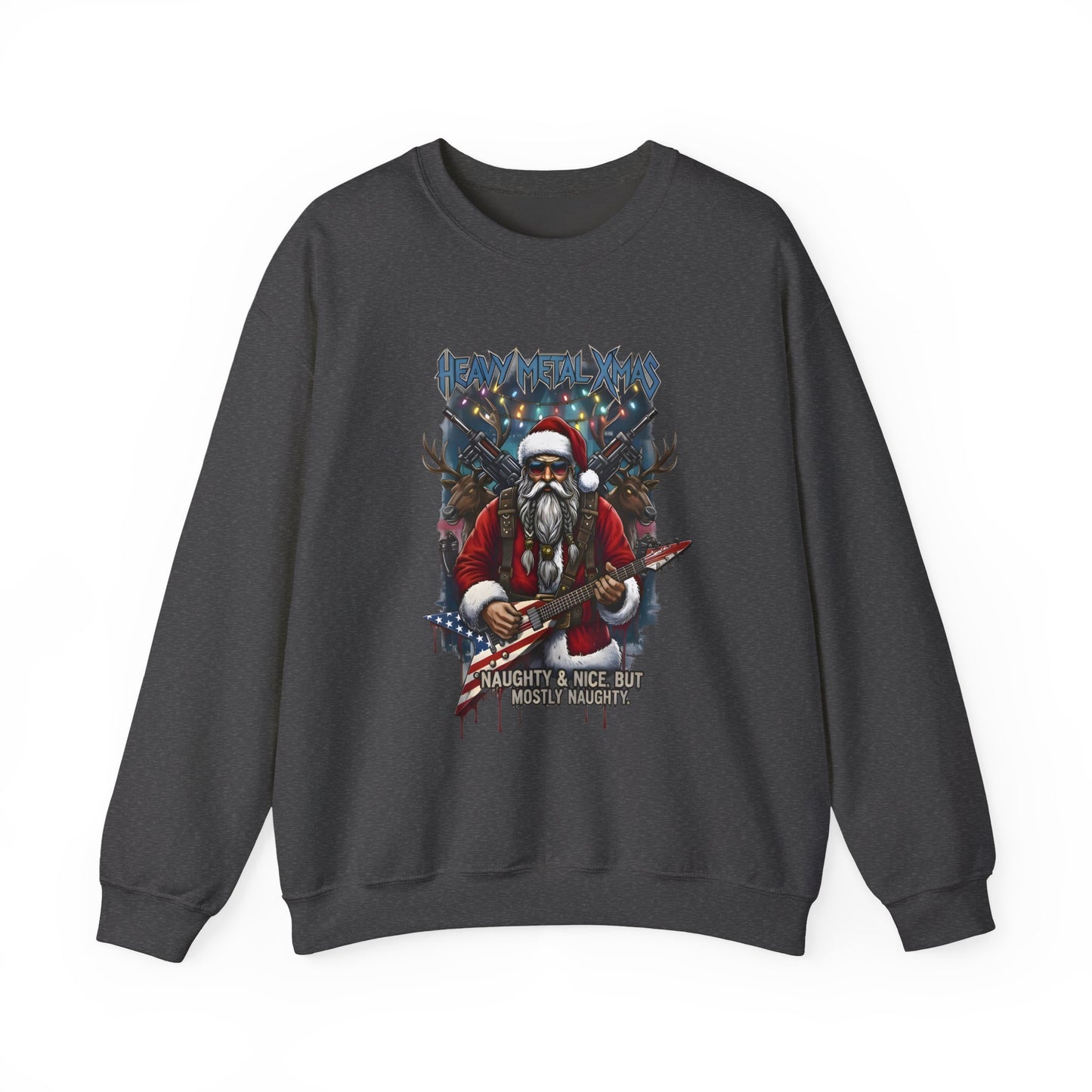 Dark gray sweatshirt with a naughty and nice Santa Clausguitar and text heavy metal xmas