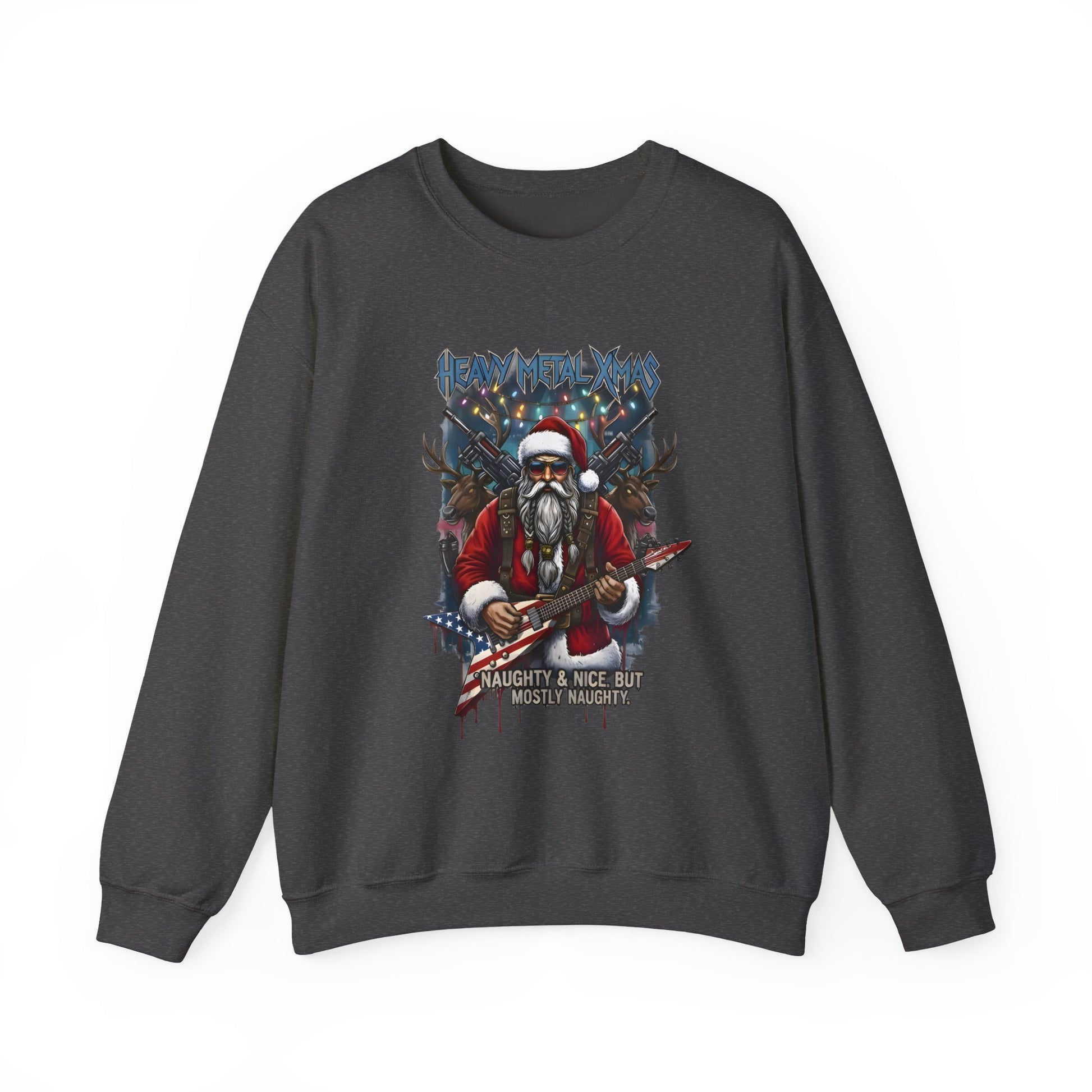 Dark gray sweatshirt with a naughty and nice Santa Clausguitar and text heavy metal xmas