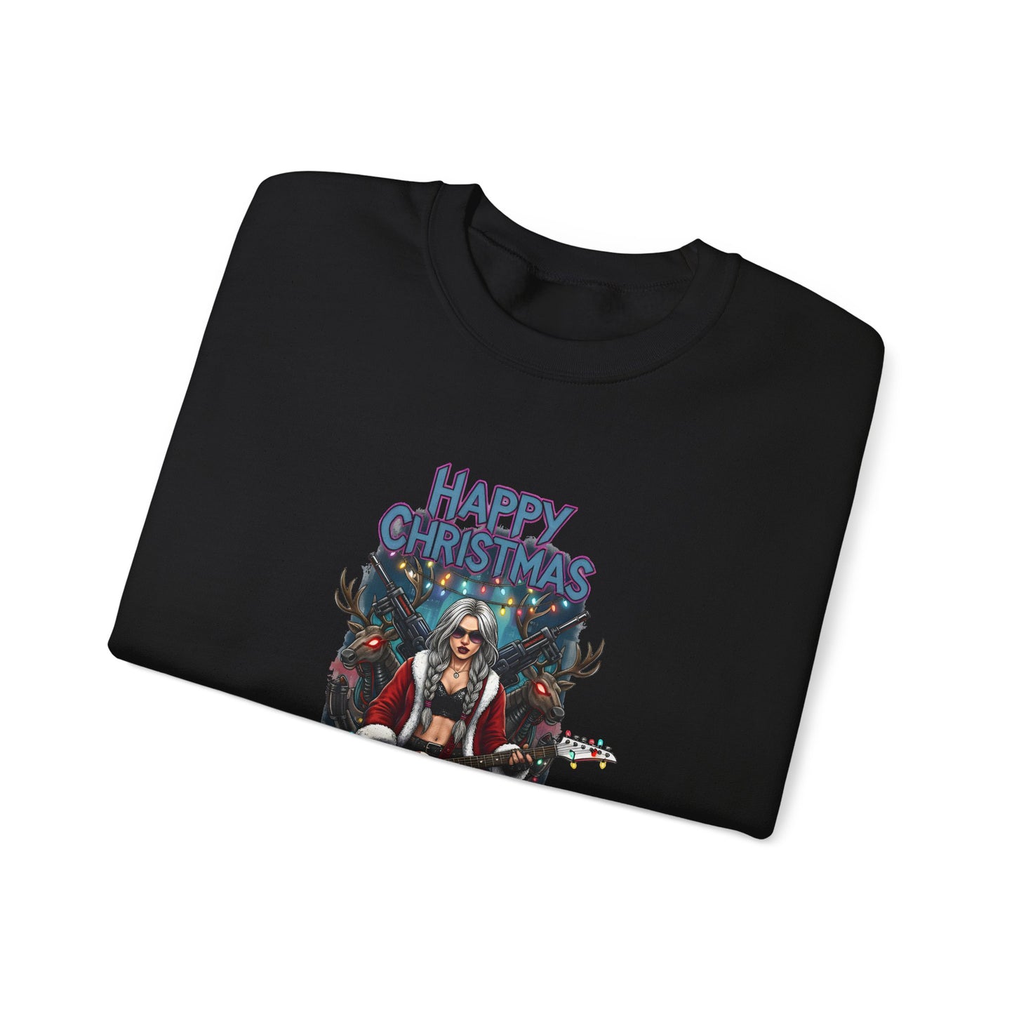 Black folded sweatshirt girl American flag guitar  'Happy Christmas' text.