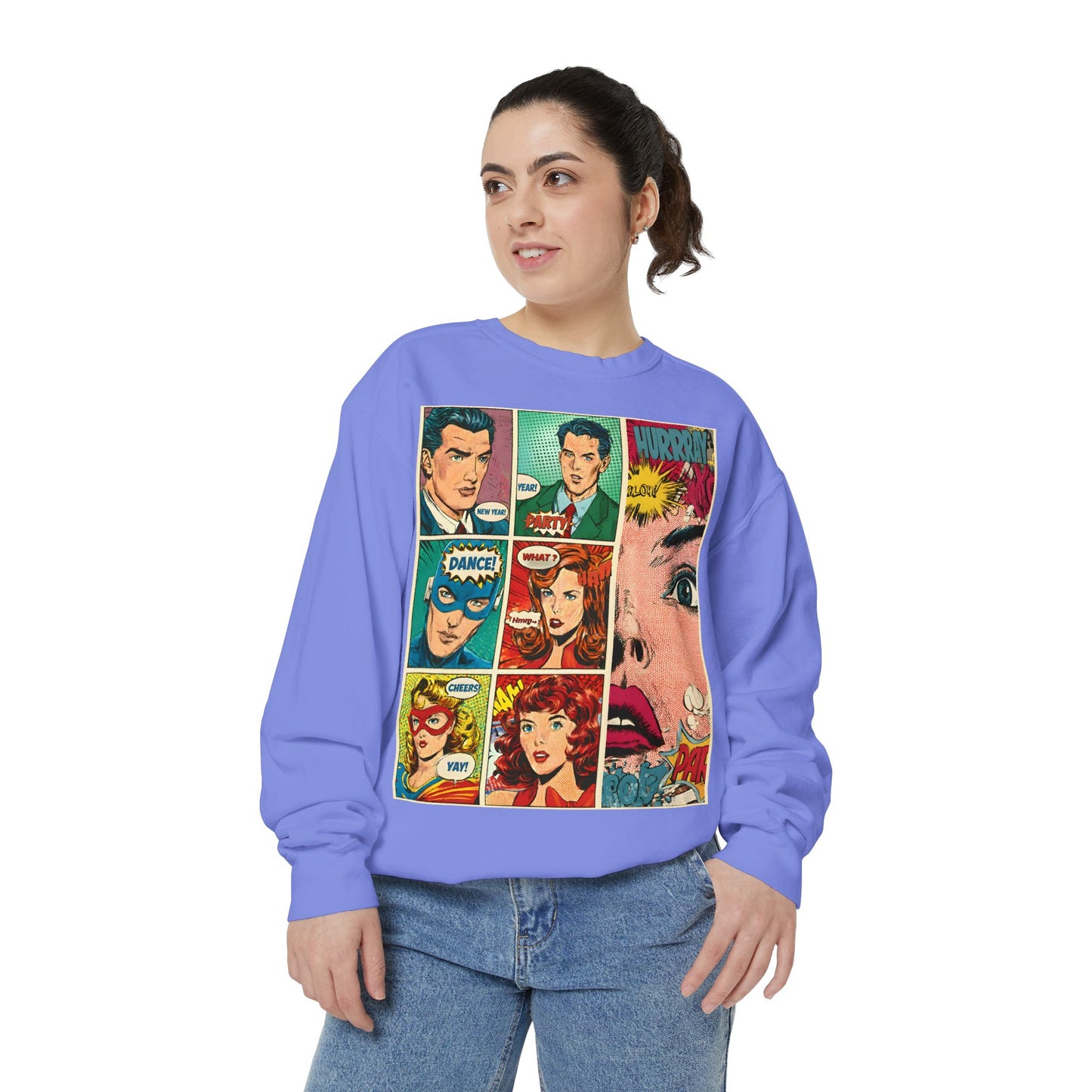 Person wearing a purple sweatshirt with comic book character graphics on a white background