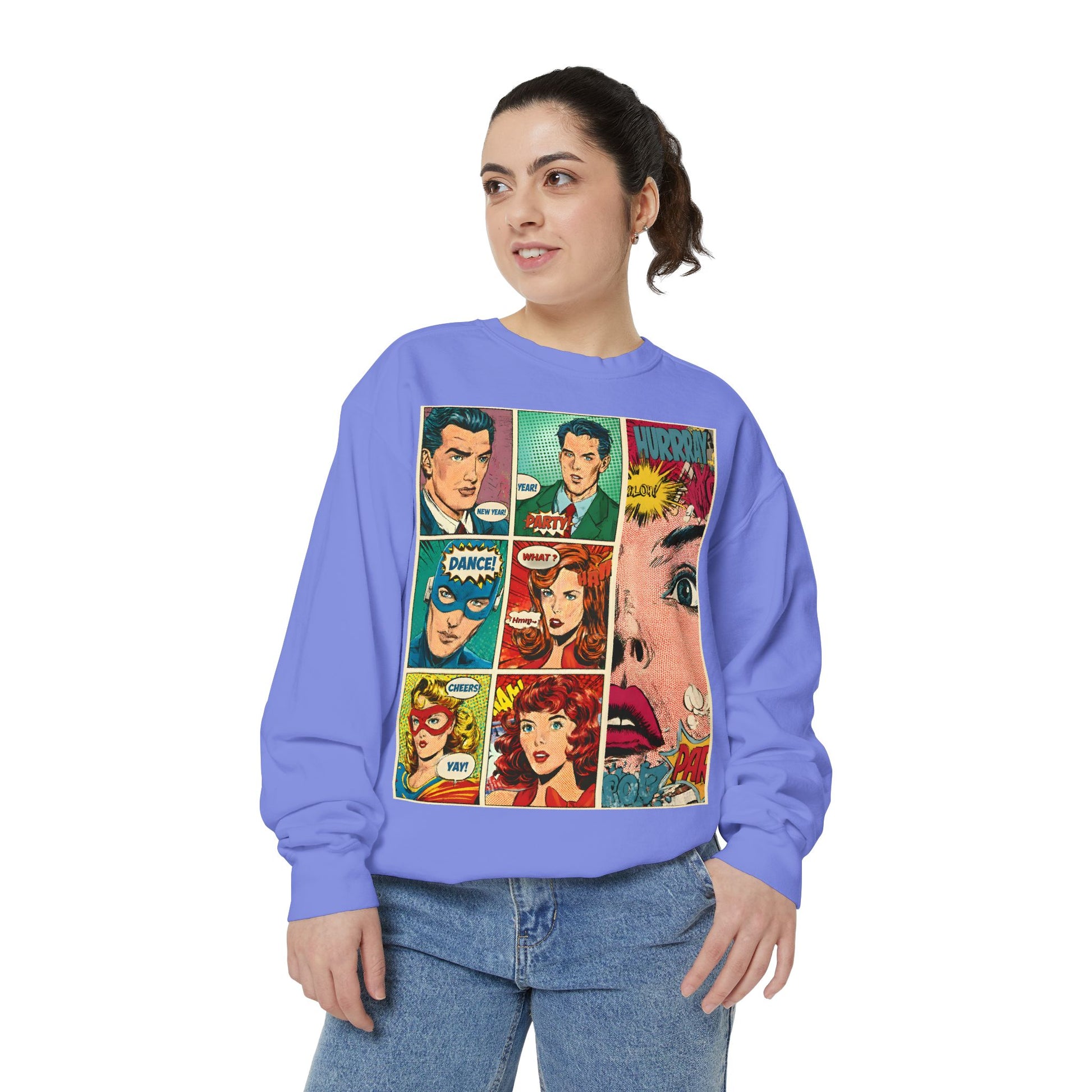 Person wearing a purple sweatshirt with comic book character graphics on a white background